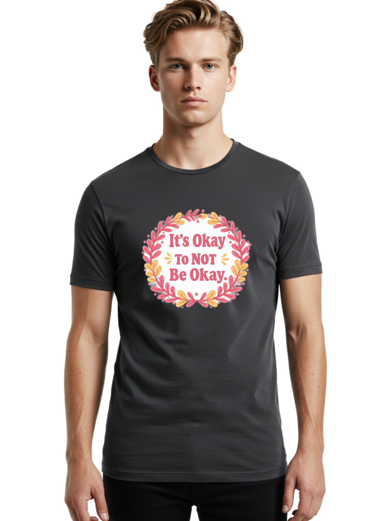 It-S-Okay-To-Not-Be-Okay-1 Men'S Graphic Tee, 100% Cotton, Comfortable Casual Summer Wear, Machine Washable, Motivational Quote, Mental Health Awareness, Inspirational Message, Positive Vibes, Self Care, Wellness, Pink Font, Yellow Leaves, Bae050 30