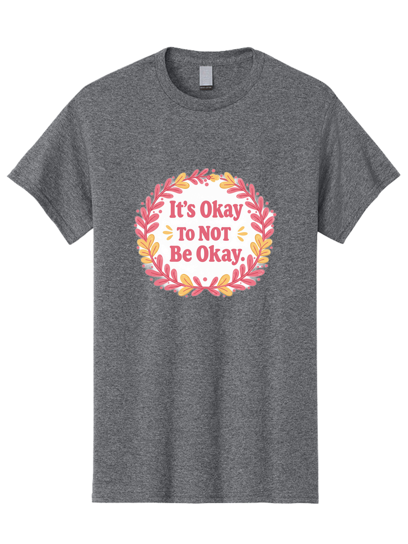 It-S-Okay-To-Not-Be-Okay-1 Men'S Graphic Tee, 100% Cotton, Comfortable Casual Summer Wear, Machine Washable, Motivational Quote, Mental Health Awareness, Inspirational Message, Positive Vibes, Self Care, Wellness, Pink Font, Yellow Leaves, Bae050 4