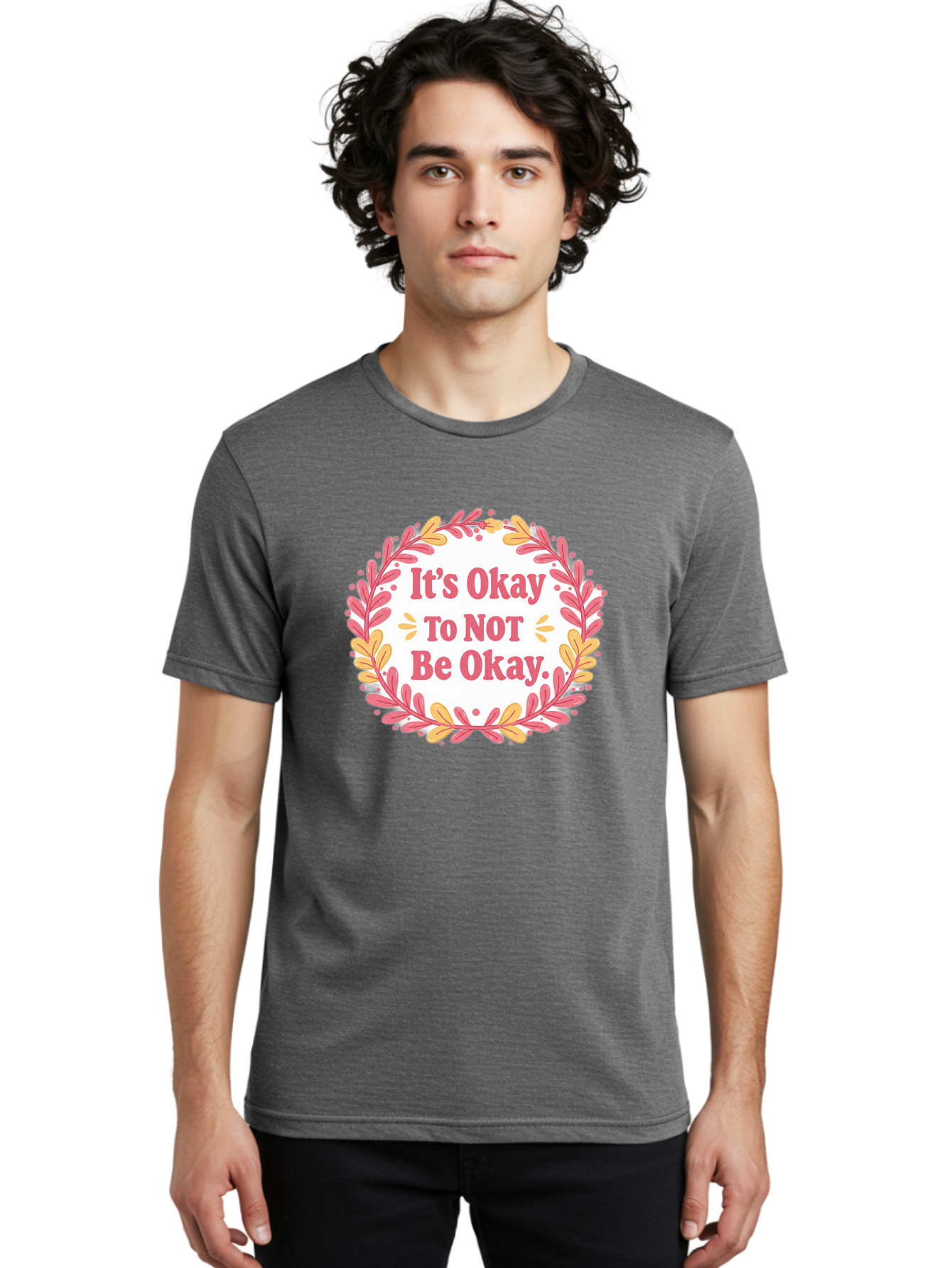 It-S-Okay-To-Not-Be-Okay-1 Men'S Graphic Tee, 100% Cotton, Comfortable Casual Summer Wear, Machine Washable, Motivational Quote, Mental Health Awareness, Inspirational Message, Positive Vibes, Self Care, Wellness, Pink Font, Yellow Leaves, Bae050 19