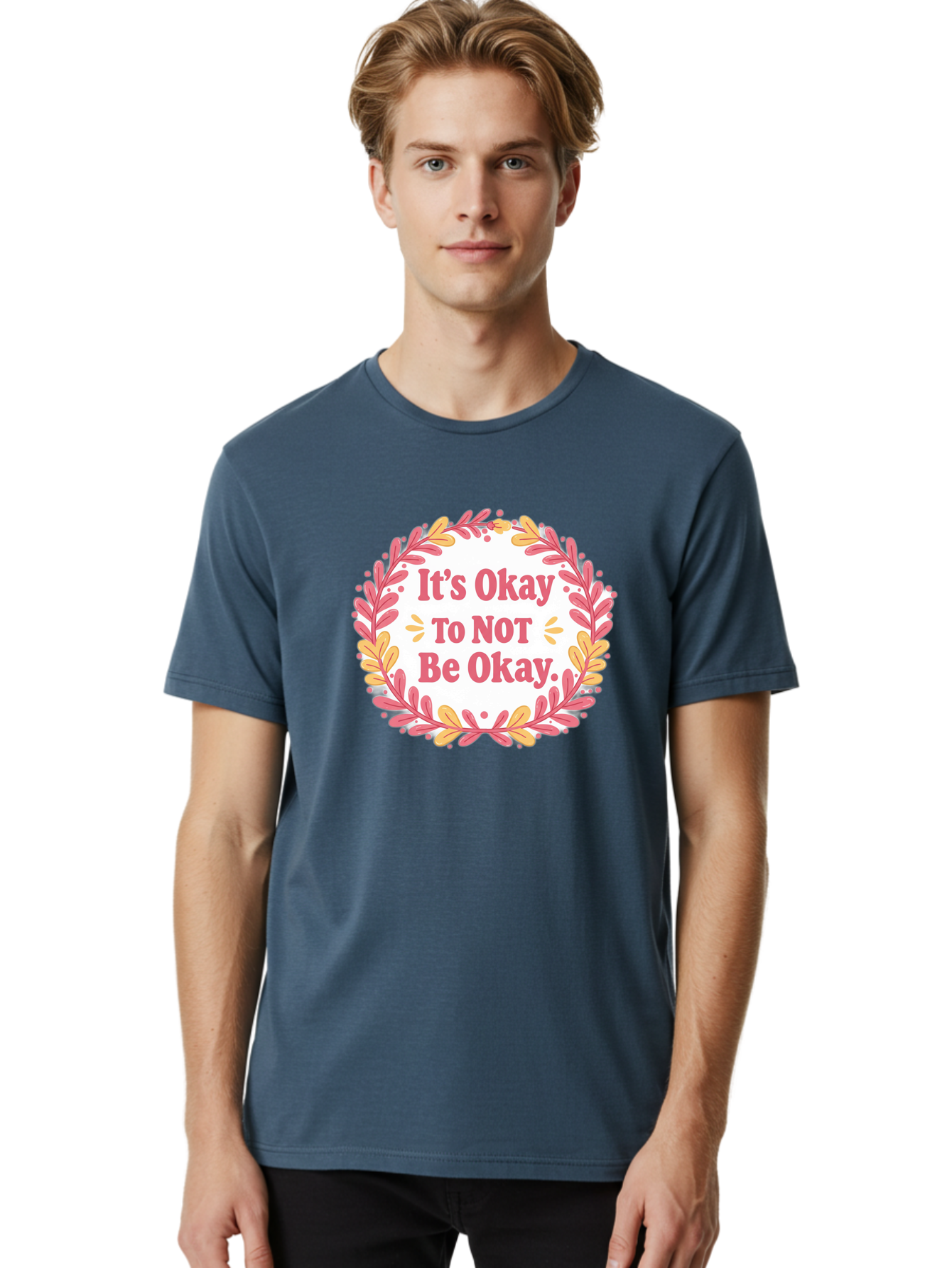 It-S-Okay-To-Not-Be-Okay-1 Men'S Graphic Tee, 100% Cotton, Comfortable Casual Summer Wear, Machine Washable, Motivational Quote, Mental Health Awareness, Inspirational Message, Positive Vibes, Self Care, Wellness, Pink Font, Yellow Leaves, Bae050 25