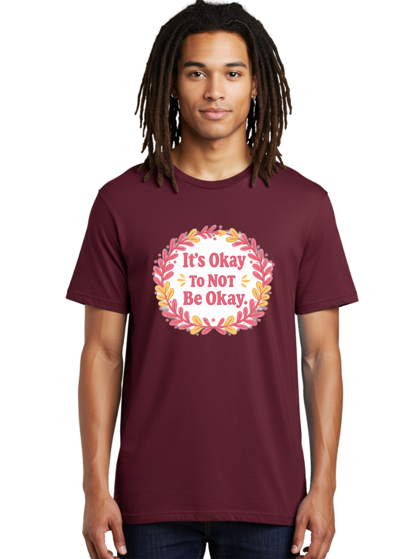 It-S-Okay-To-Not-Be-Okay-1 Men'S Graphic Tee, 100% Cotton, Comfortable Casual Summer Wear, Machine Washable, Motivational Quote, Mental Health Awareness, Inspirational Message, Positive Vibes, Self Care, Wellness, Pink Font, Yellow Leaves, Bae050 24