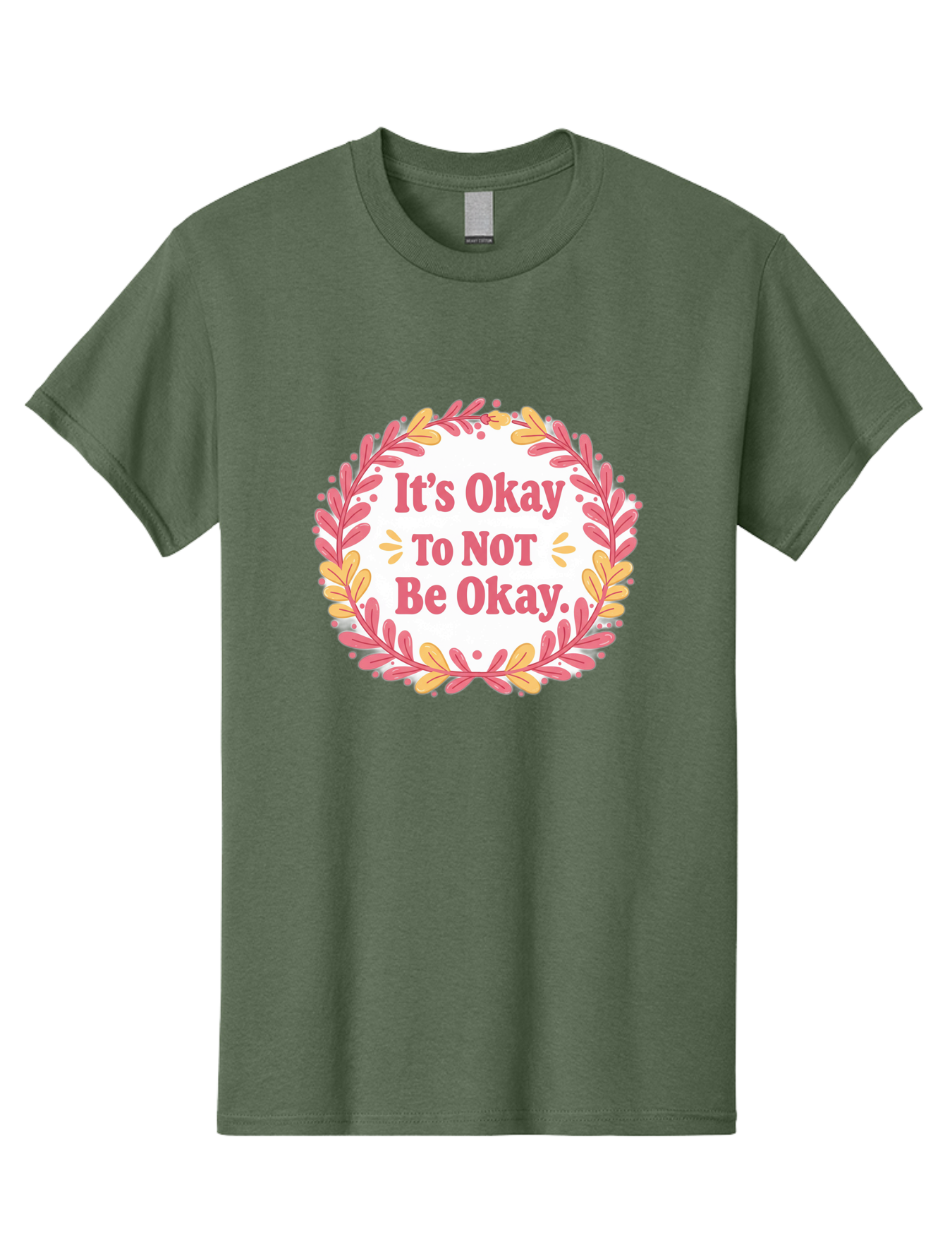 It-S-Okay-To-Not-Be-Okay-1 Men'S Graphic Tee, 100% Cotton, Comfortable Casual Summer Wear, Machine Washable, Motivational Quote, Mental Health Awareness, Inspirational Message, Positive Vibes, Self Care, Wellness, Pink Font, Yellow Leaves, Bae050 13