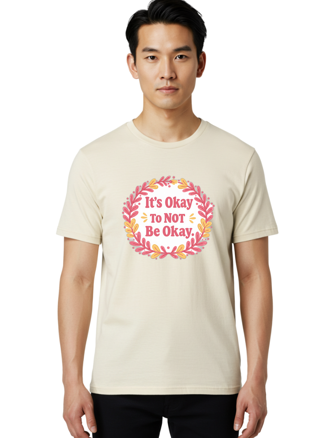 It-S-Okay-To-Not-Be-Okay-1 Men'S Graphic Tee, 100% Cotton, Comfortable Casual Summer Wear, Machine Washable, Motivational Quote, Mental Health Awareness, Inspirational Message, Positive Vibes, Self Care, Wellness, Pink Font, Yellow Leaves, Bae050 18