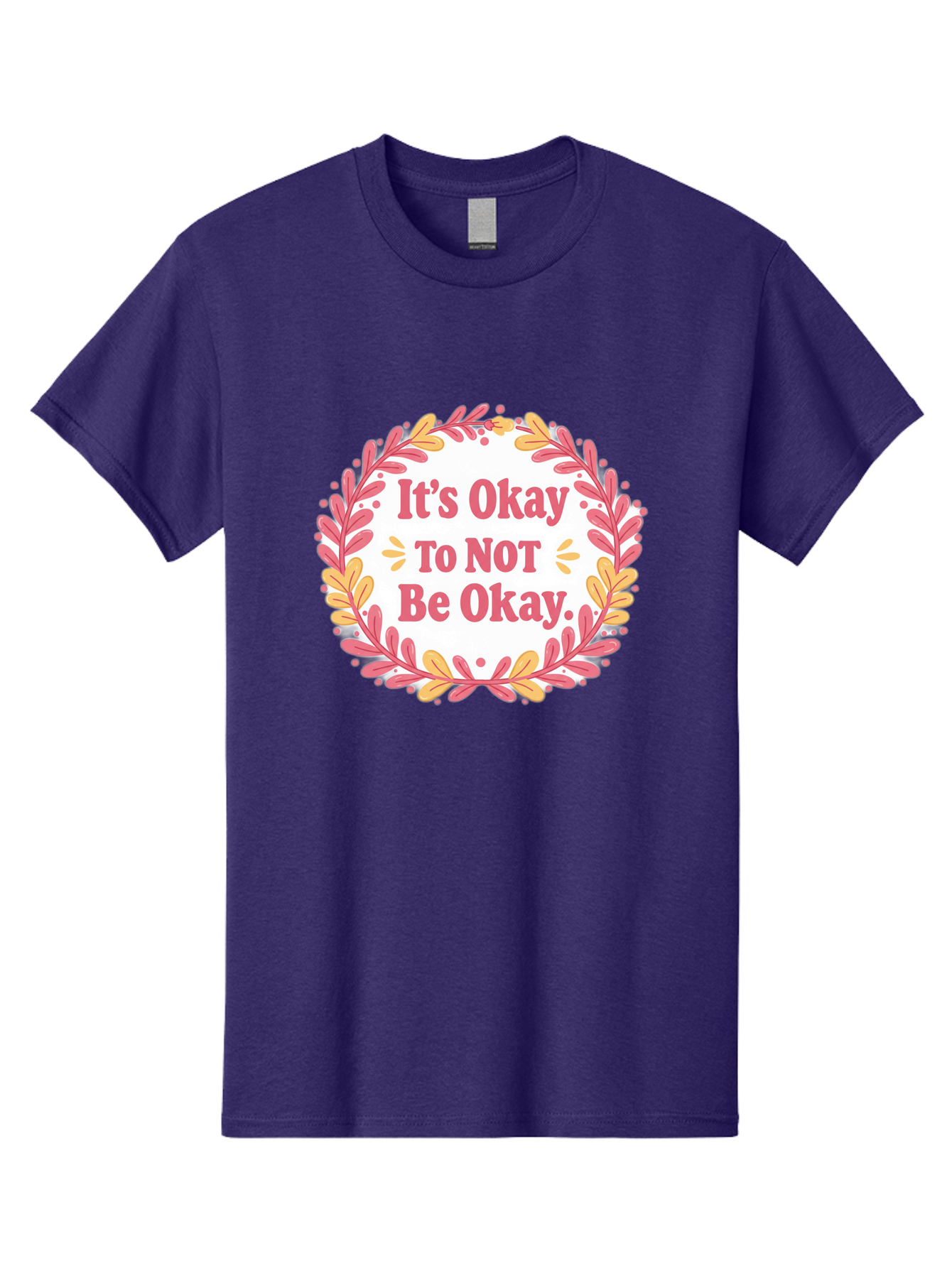 It-S-Okay-To-Not-Be-Okay-1 Men'S Graphic Tee, 100% Cotton, Comfortable Casual Summer Wear, Machine Washable, Motivational Quote, Mental Health Awareness, Inspirational Message, Positive Vibes, Self Care, Wellness, Pink Font, Yellow Leaves, Bae050 12