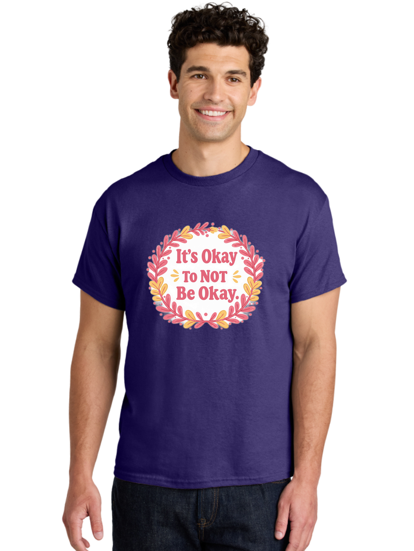 It-S-Okay-To-Not-Be-Okay-1 Men'S Graphic Tee, 100% Cotton, Comfortable Casual Summer Wear, Machine Washable, Motivational Quote, Mental Health Awareness, Inspirational Message, Positive Vibes, Self Care, Wellness, Pink Font, Yellow Leaves, Bae050 27