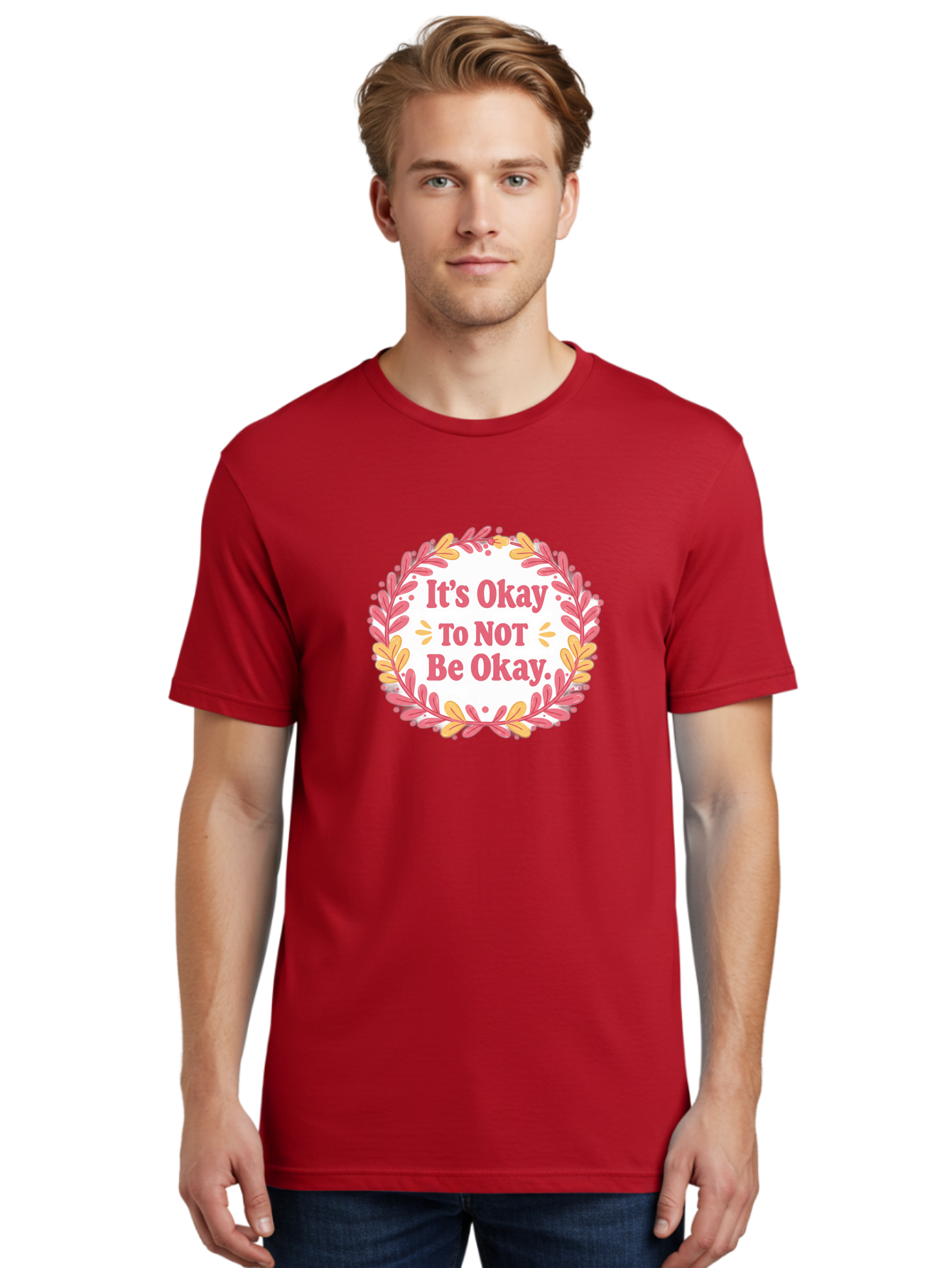 It-S-Okay-To-Not-Be-Okay-1 Men'S Graphic Tee, 100% Cotton, Comfortable Casual Summer Wear, Machine Washable, Motivational Quote, Mental Health Awareness, Inspirational Message, Positive Vibes, Self Care, Wellness, Pink Font, Yellow Leaves, Bae050 20