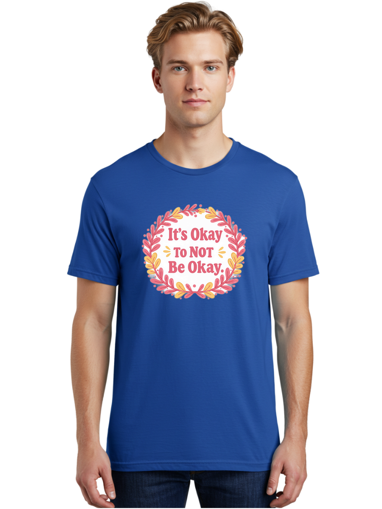 It-S-Okay-To-Not-Be-Okay-1 Men'S Graphic Tee, 100% Cotton, Comfortable Casual Summer Wear, Machine Washable, Motivational Quote, Mental Health Awareness, Inspirational Message, Positive Vibes, Self Care, Wellness, Pink Font, Yellow Leaves, Bae050 16