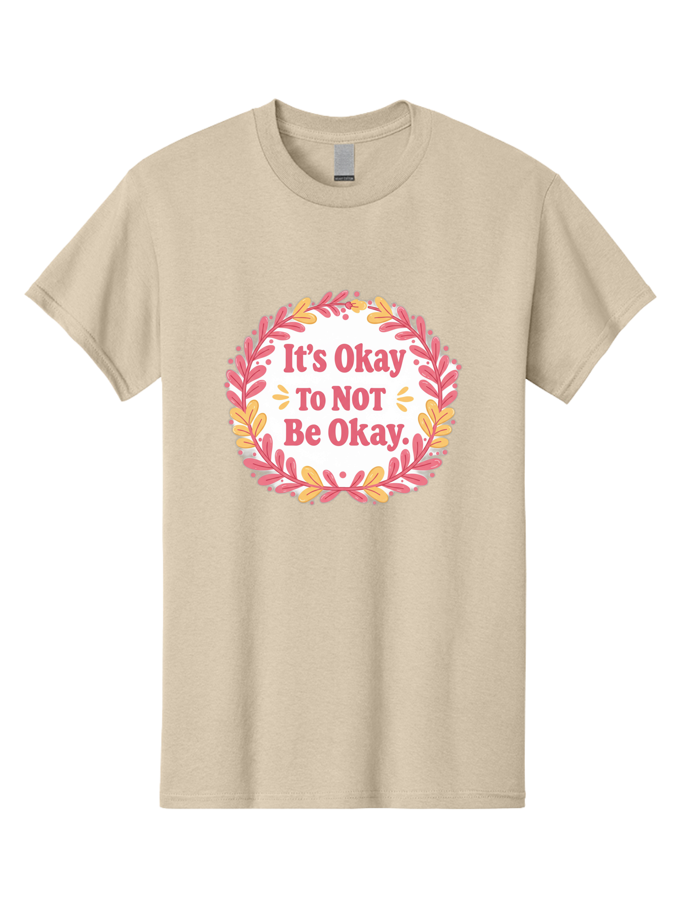It-S-Okay-To-Not-Be-Okay-1 Men'S Graphic Tee, 100% Cotton, Comfortable Casual Summer Wear, Machine Washable, Motivational Quote, Mental Health Awareness, Inspirational Message, Positive Vibes, Self Care, Wellness, Pink Font, Yellow Leaves, Bae050 2