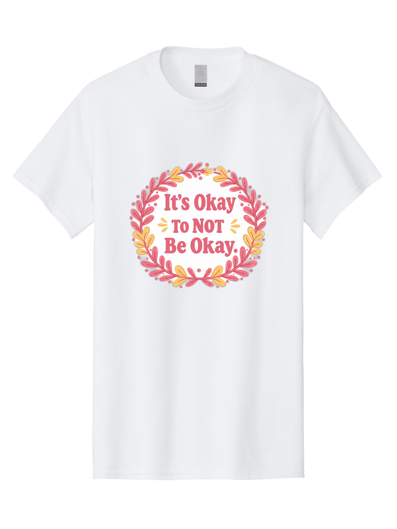 It-S-Okay-To-Not-Be-Okay-1 Men'S Graphic Tee, 100% Cotton, Comfortable Casual Summer Wear, Machine Washable, Motivational Quote, Mental Health Awareness, Inspirational Message, Positive Vibes, Self Care, Wellness, Pink Font, Yellow Leaves, Bae050 8