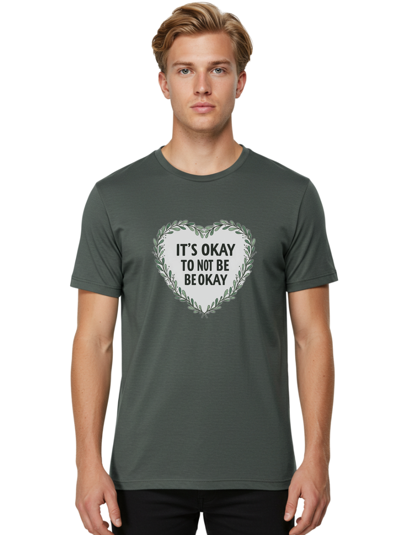 It-S-Okay-To-Not-Be-Okay-2 Men'S Graphic Tee, 100% Cotton, Comfortable Casual Summer Wear, Machine Washable, Mental Health Awareness, Inspirational Quotes, Heart Shape, Floral Wreath, Motivational Messages, Self Care, Emotional Support, Bae051 20