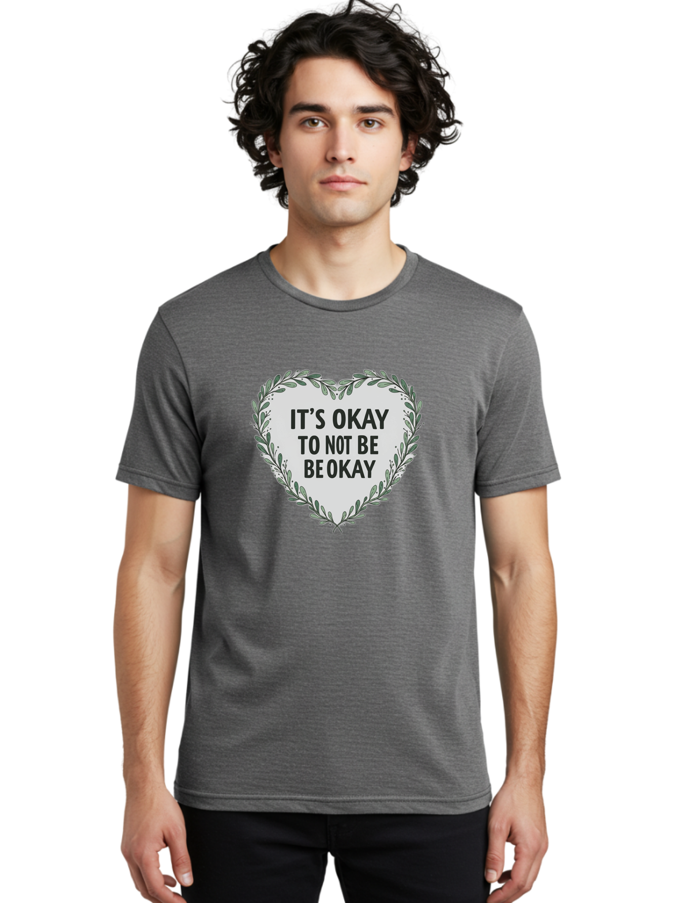It-S-Okay-To-Not-Be-Okay-2 Men'S Graphic Tee, 100% Cotton, Comfortable Casual Summer Wear, Machine Washable, Mental Health Awareness, Inspirational Quotes, Heart Shape, Floral Wreath, Motivational Messages, Self Care, Emotional Support, Bae051 19