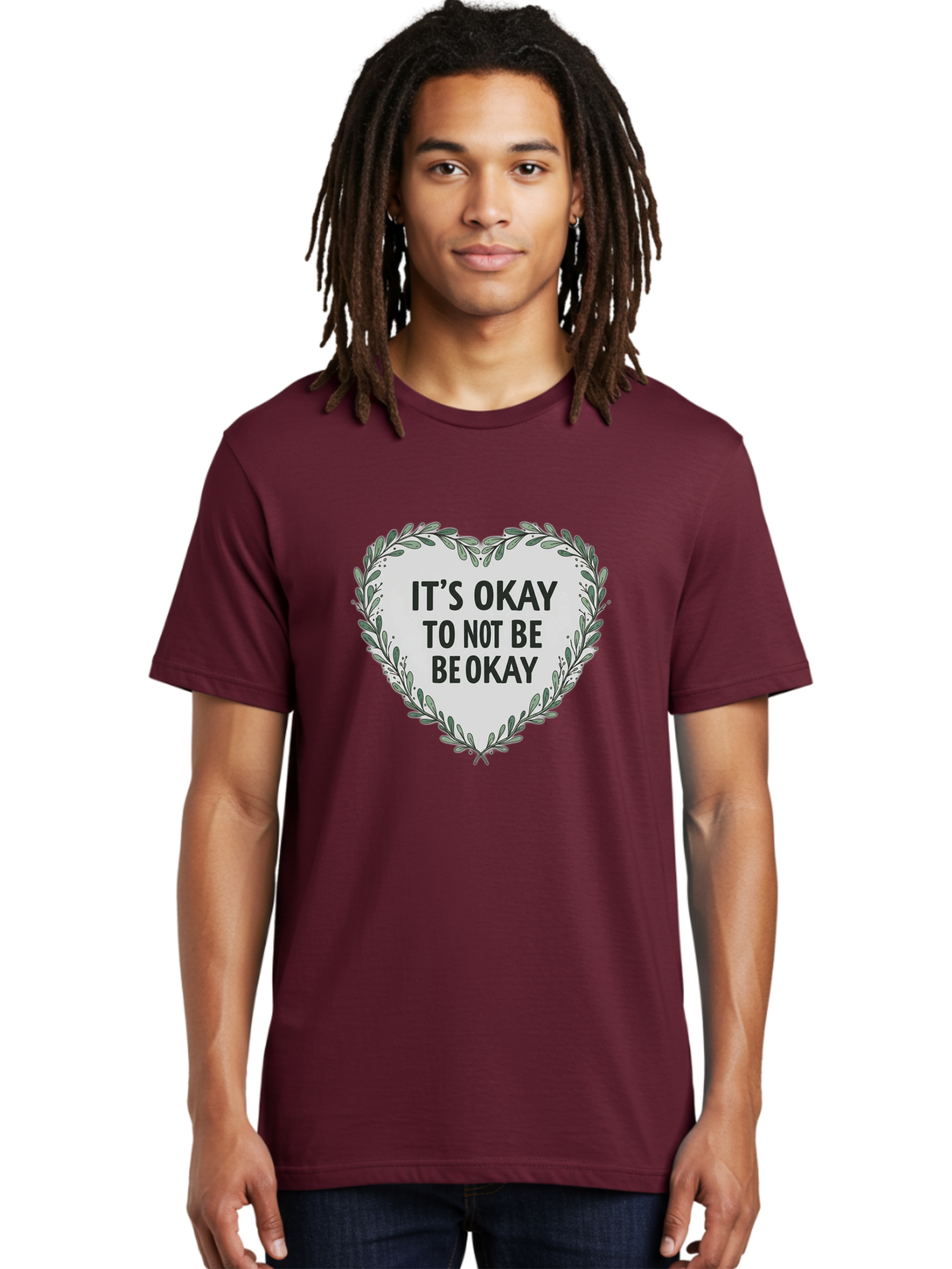 It-S-Okay-To-Not-Be-Okay-2 Men'S Graphic Tee, 100% Cotton, Comfortable Casual Summer Wear, Machine Washable, Mental Health Awareness, Inspirational Quotes, Heart Shape, Floral Wreath, Motivational Messages, Self Care, Emotional Support, Bae051 29