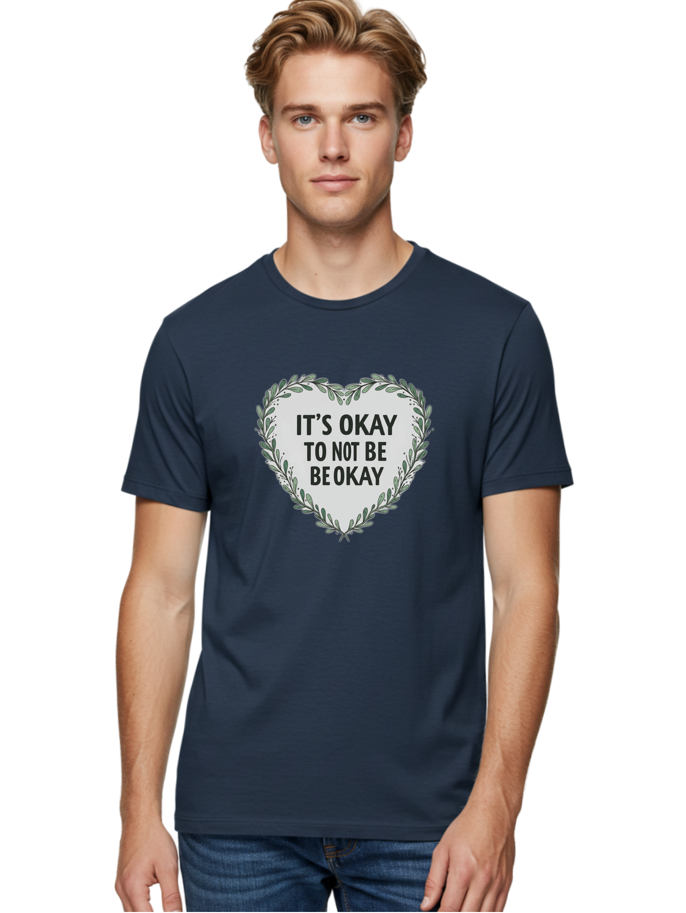 It-S-Okay-To-Not-Be-Okay-2 Men'S Graphic Tee, 100% Cotton, Comfortable Casual Summer Wear, Machine Washable, Mental Health Awareness, Inspirational Quotes, Heart Shape, Floral Wreath, Motivational Messages, Self Care, Emotional Support, Bae051 22