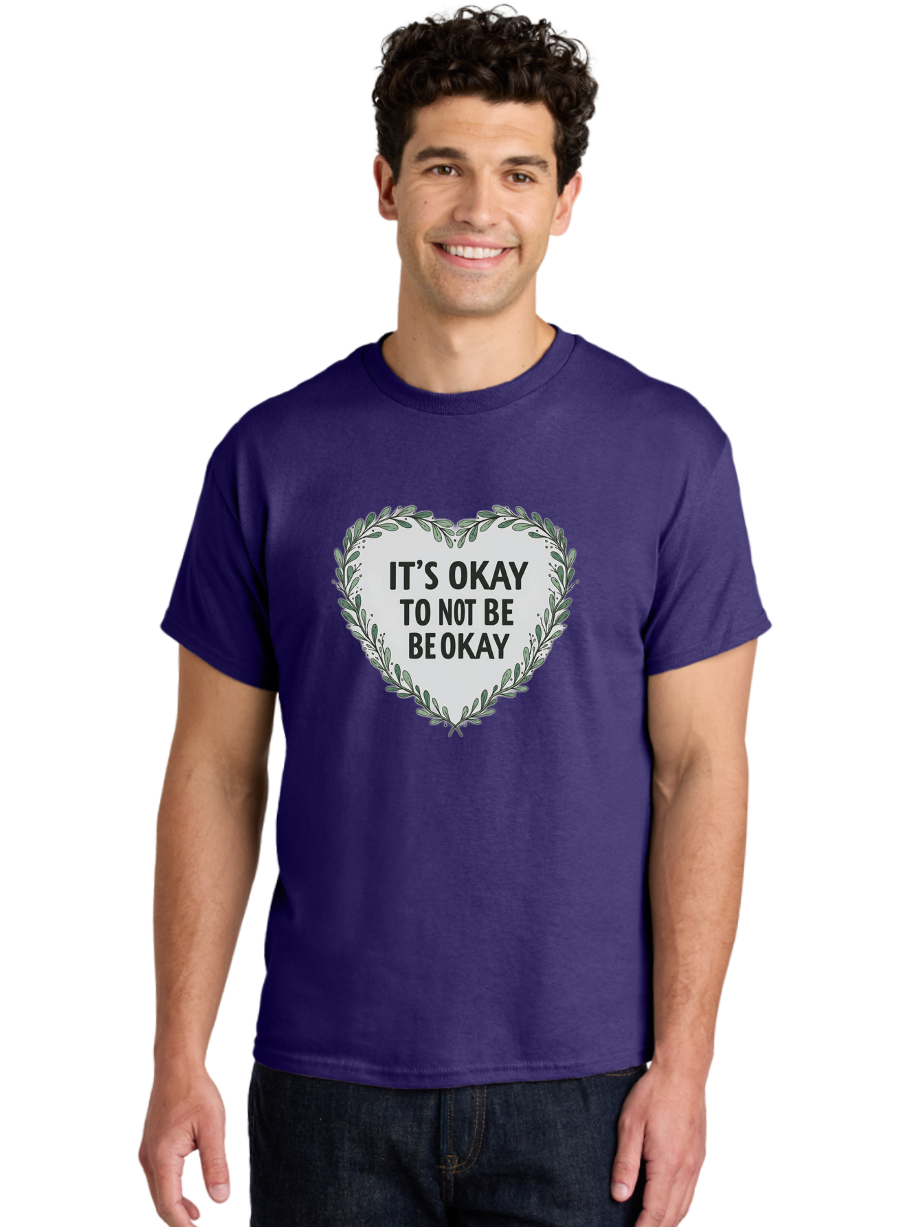 It-S-Okay-To-Not-Be-Okay-2 Men'S Graphic Tee, 100% Cotton, Comfortable Casual Summer Wear, Machine Washable, Mental Health Awareness, Inspirational Quotes, Heart Shape, Floral Wreath, Motivational Messages, Self Care, Emotional Support, Bae051 25