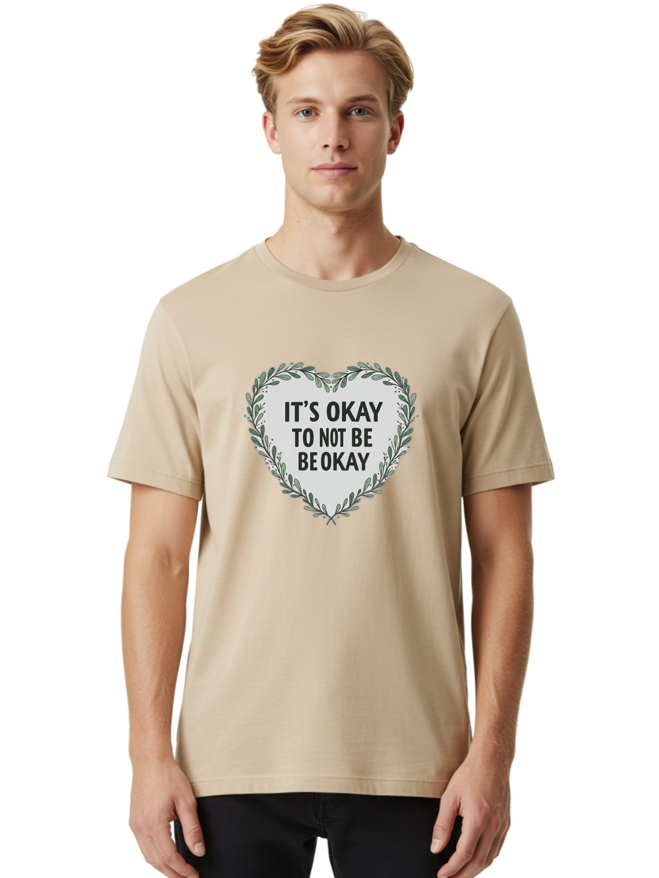 It-S-Okay-To-Not-Be-Okay-2 Men'S Graphic Tee, 100% Cotton, Comfortable Casual Summer Wear, Machine Washable, Mental Health Awareness, Inspirational Quotes, Heart Shape, Floral Wreath, Motivational Messages, Self Care, Emotional Support, Bae051 28