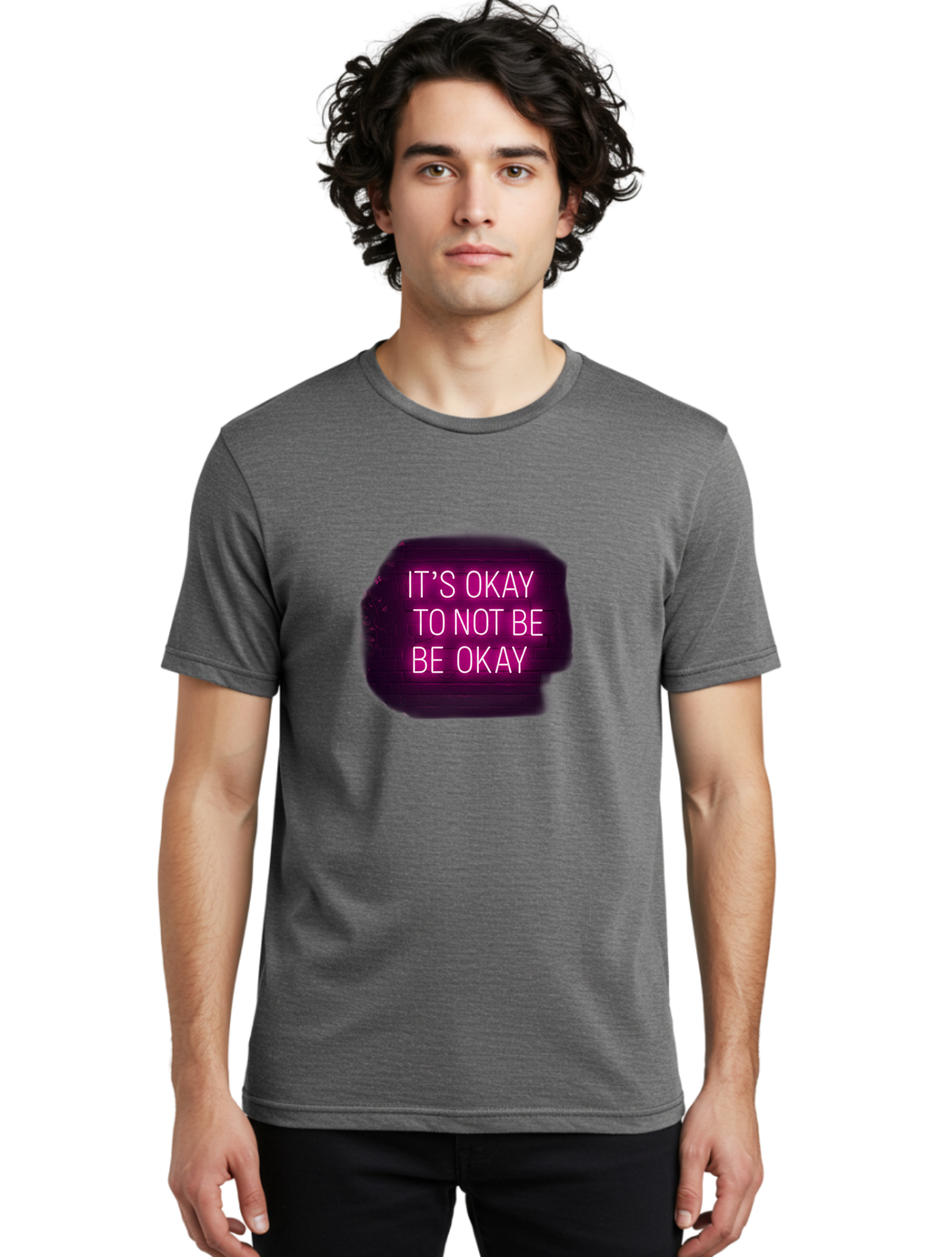 It-S-Okay-To-Not-Be-Okay-3 Men'S Graphic Tee, 100% Cotton, Comfortable Casual Summer Wear, Machine Washable, Mental Health Awareness, Self Care, Emotional Support, Neon Sign, Pink Text, Inspirational Quote, Motivational Message Bae052 25
