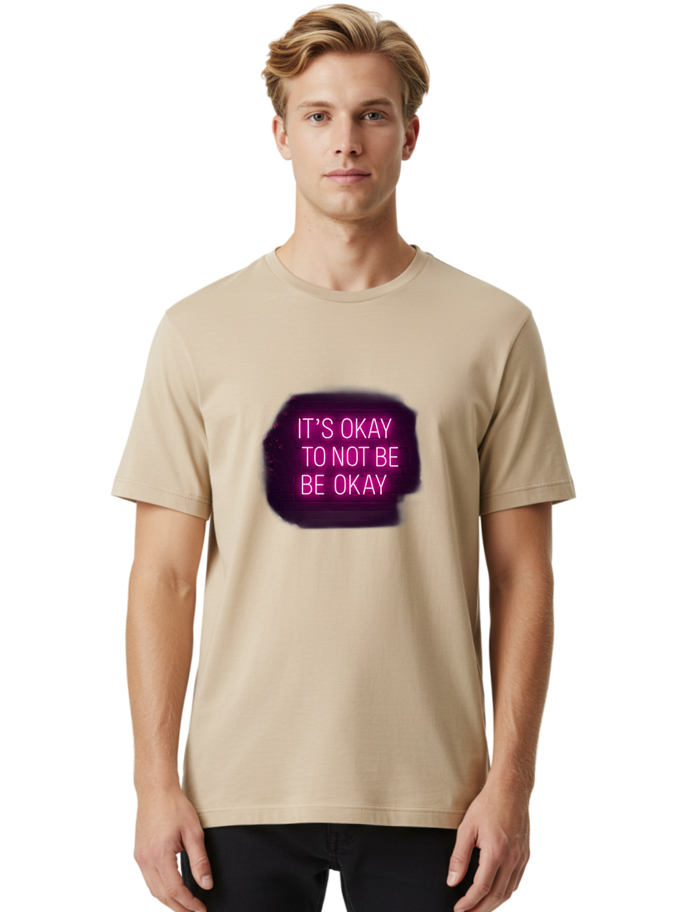 It-S-Okay-To-Not-Be-Okay-3 Men'S Graphic Tee, 100% Cotton, Comfortable Casual Summer Wear, Machine Washable, Mental Health Awareness, Self Care, Emotional Support, Neon Sign, Pink Text, Inspirational Quote, Motivational Message Bae052 19