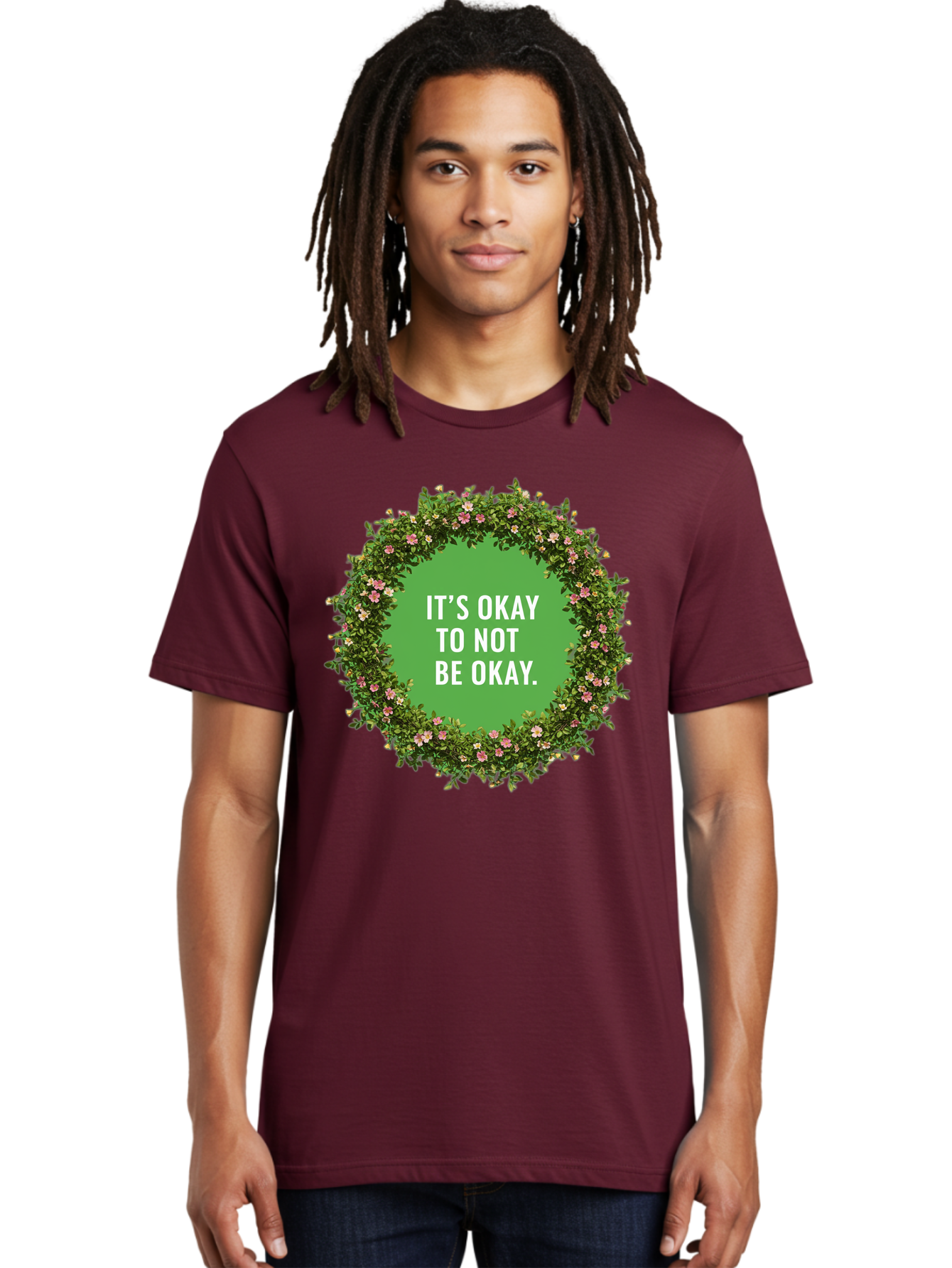It-S-Okay-To-Not-Be-Okay-4 Men'S Graphic Tee, 100% Cotton, Comfortable Casual Summer Wear, Machine Washable, Mental Health Awareness, Positive Affirmation, Self Care, Emotional Support, Floral Wreath, Motivational Quote, Wellness, Self Love, Bae053 24