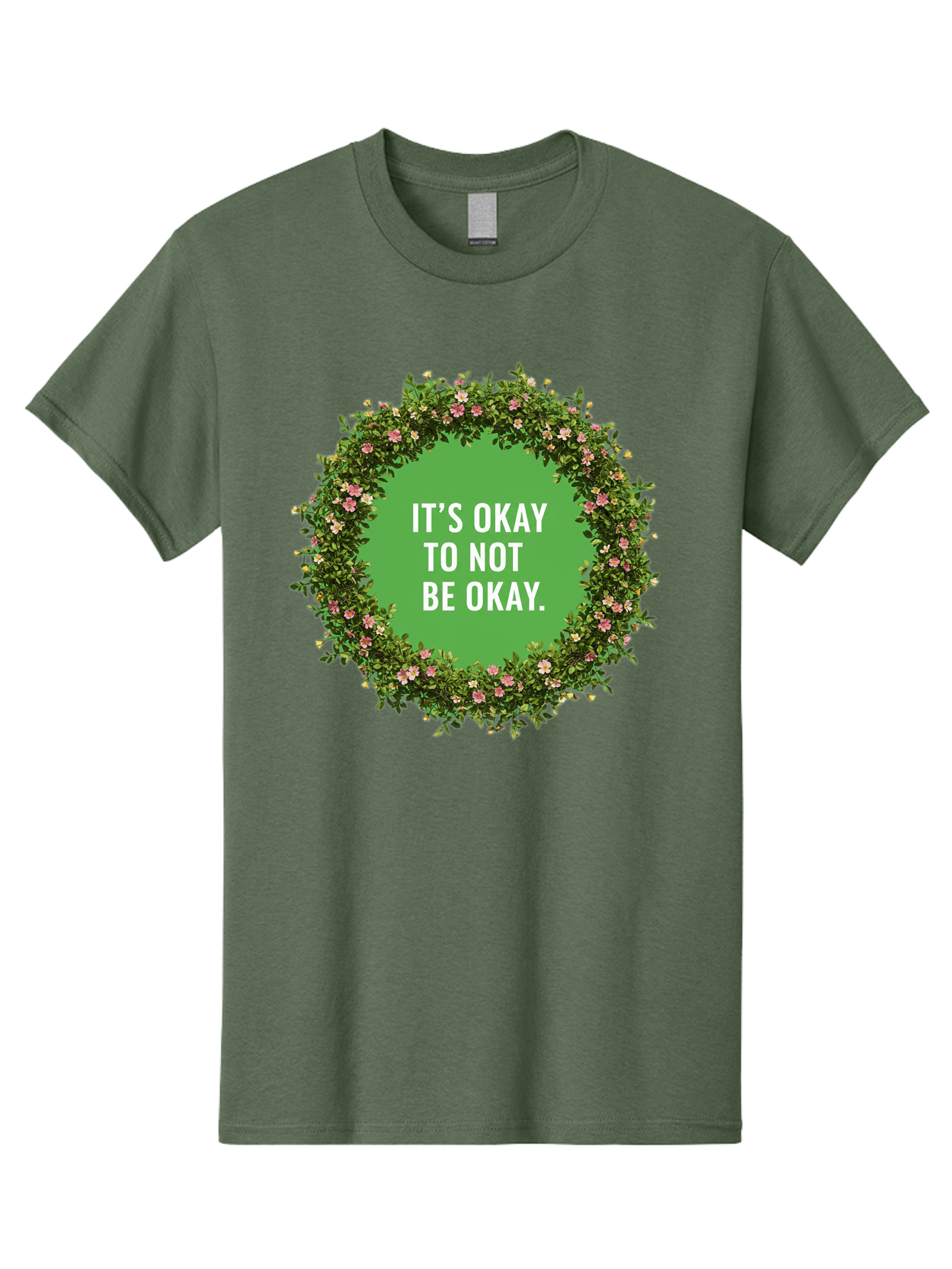 It-S-Okay-To-Not-Be-Okay-4 Men'S Graphic Tee, 100% Cotton, Comfortable Casual Summer Wear, Machine Washable, Mental Health Awareness, Positive Affirmation, Self Care, Emotional Support, Floral Wreath, Motivational Quote, Wellness, Self Love, Bae053 6