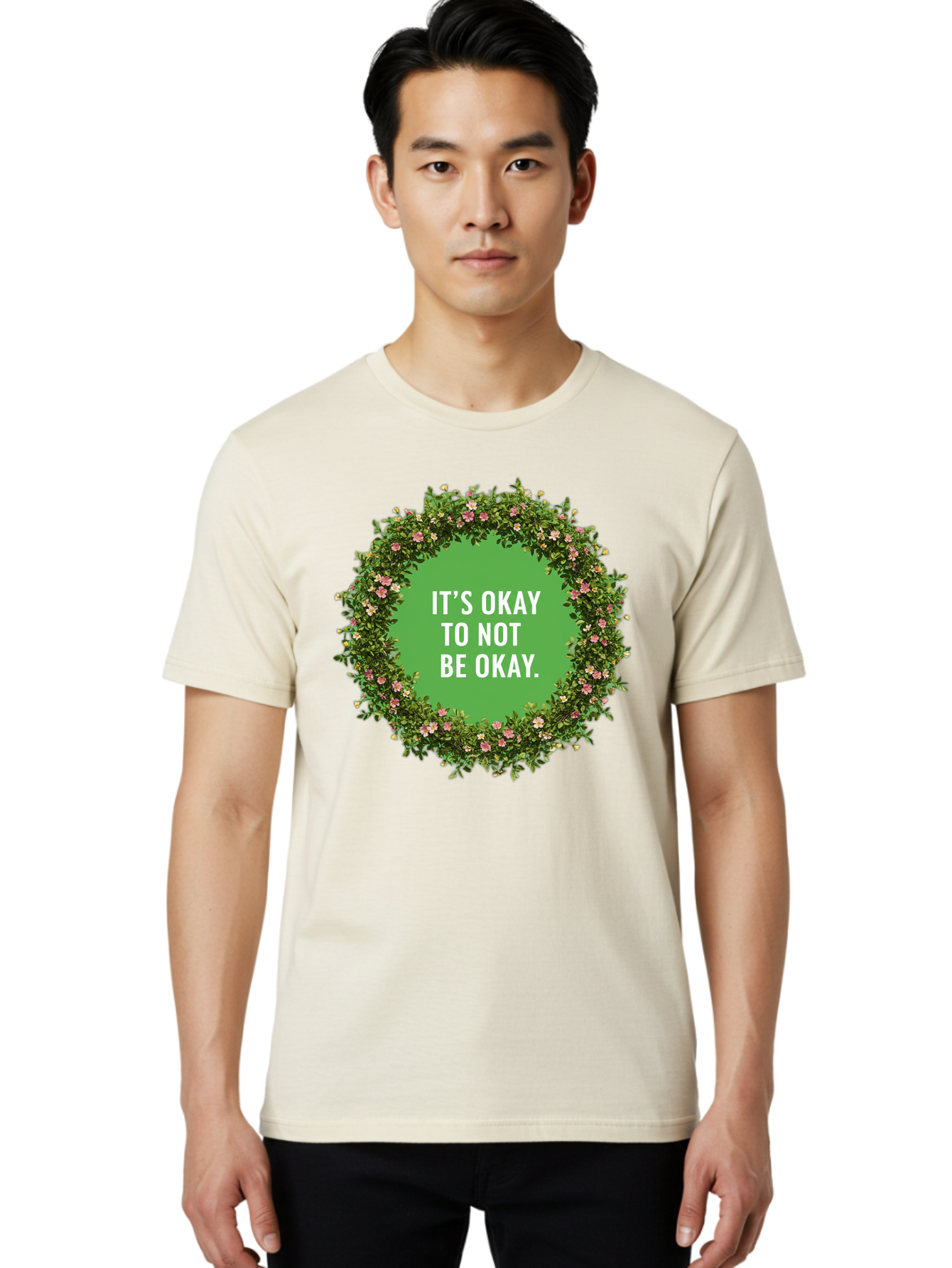 It-S-Okay-To-Not-Be-Okay-4 Men'S Graphic Tee, 100% Cotton, Comfortable Casual Summer Wear, Machine Washable, Mental Health Awareness, Positive Affirmation, Self Care, Emotional Support, Floral Wreath, Motivational Quote, Wellness, Self Love, Bae053 22
