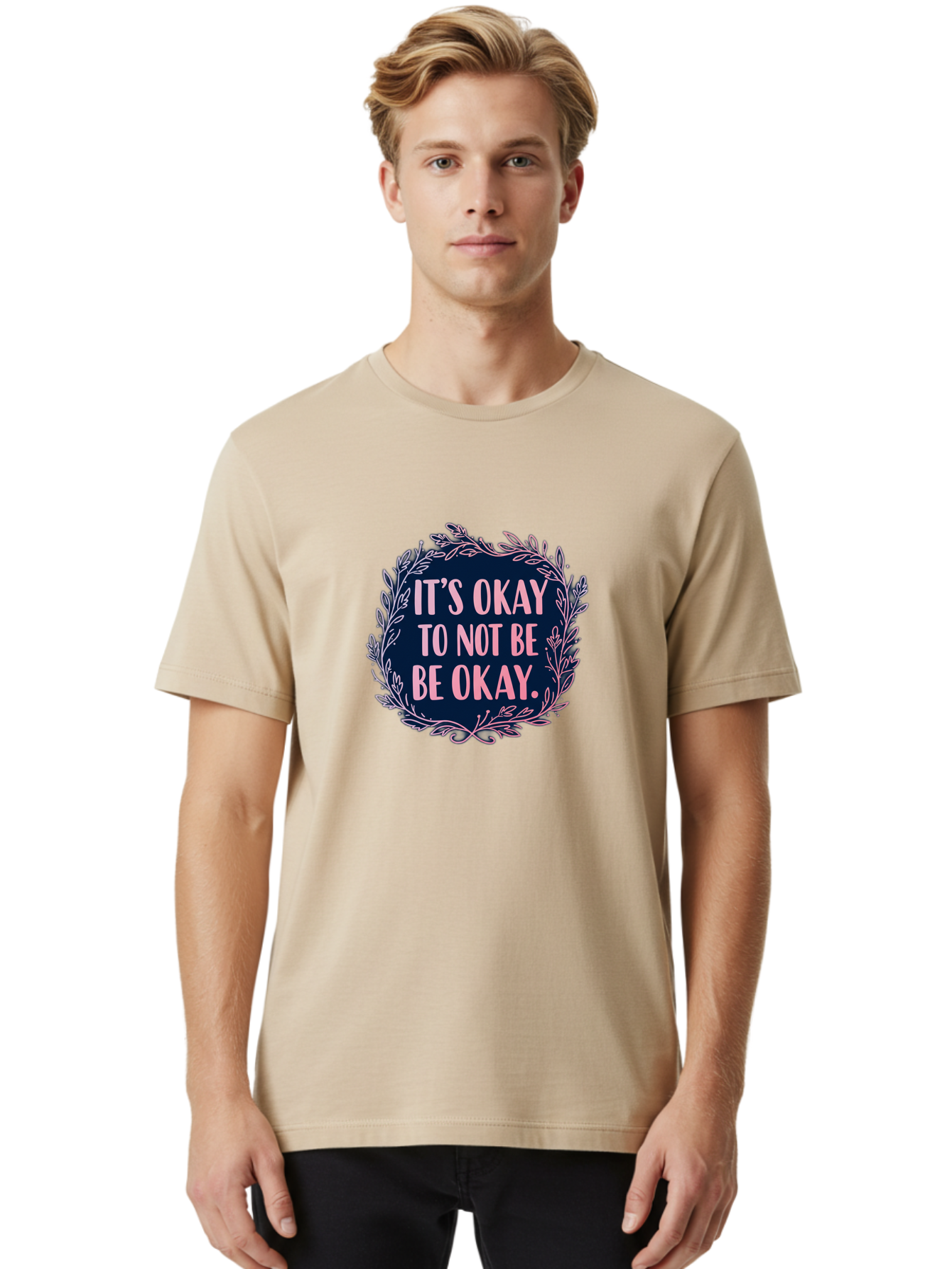 It-S-Okay-To-Not-Be-Okay Men'S Graphic Tee, 100% Cotton, Comfortable Casual Summer Wear, Machine Washable, Mental Health Awareness, Motivational Quote, Self Care, Positive Affirmation, Emotional Wellness, Inspirational Message, Pink Font, Bae055 20