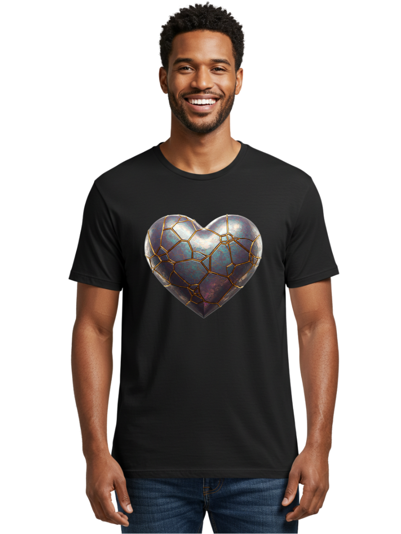 Kintsugi-Heart-3 Men'S Graphic Tee, 100% Cotton, Comfortable Casual Summer Wear, Machine Washable, Kintsugi Art, Broken Heart, Repaired Love, Metallic Heart, Golden Cracks, Fragile Beauty, Symbolic Art, Emotional Healing, Unique Design, Bae058 24