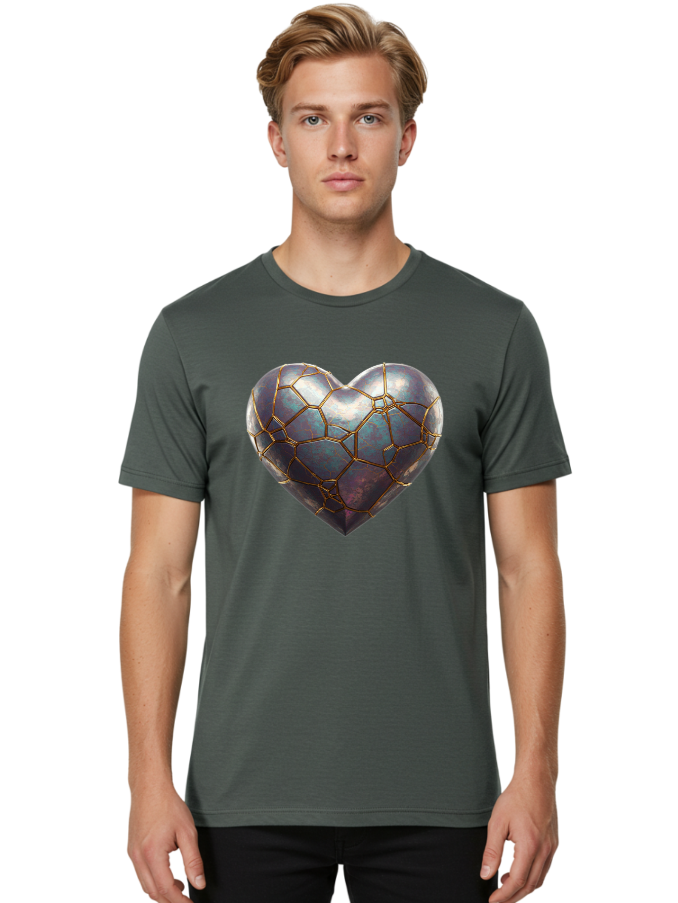 Kintsugi-Heart-3 Men'S Graphic Tee, 100% Cotton, Comfortable Casual Summer Wear, Machine Washable, Kintsugi Art, Broken Heart, Repaired Love, Metallic Heart, Golden Cracks, Fragile Beauty, Symbolic Art, Emotional Healing, Unique Design, Bae058 19