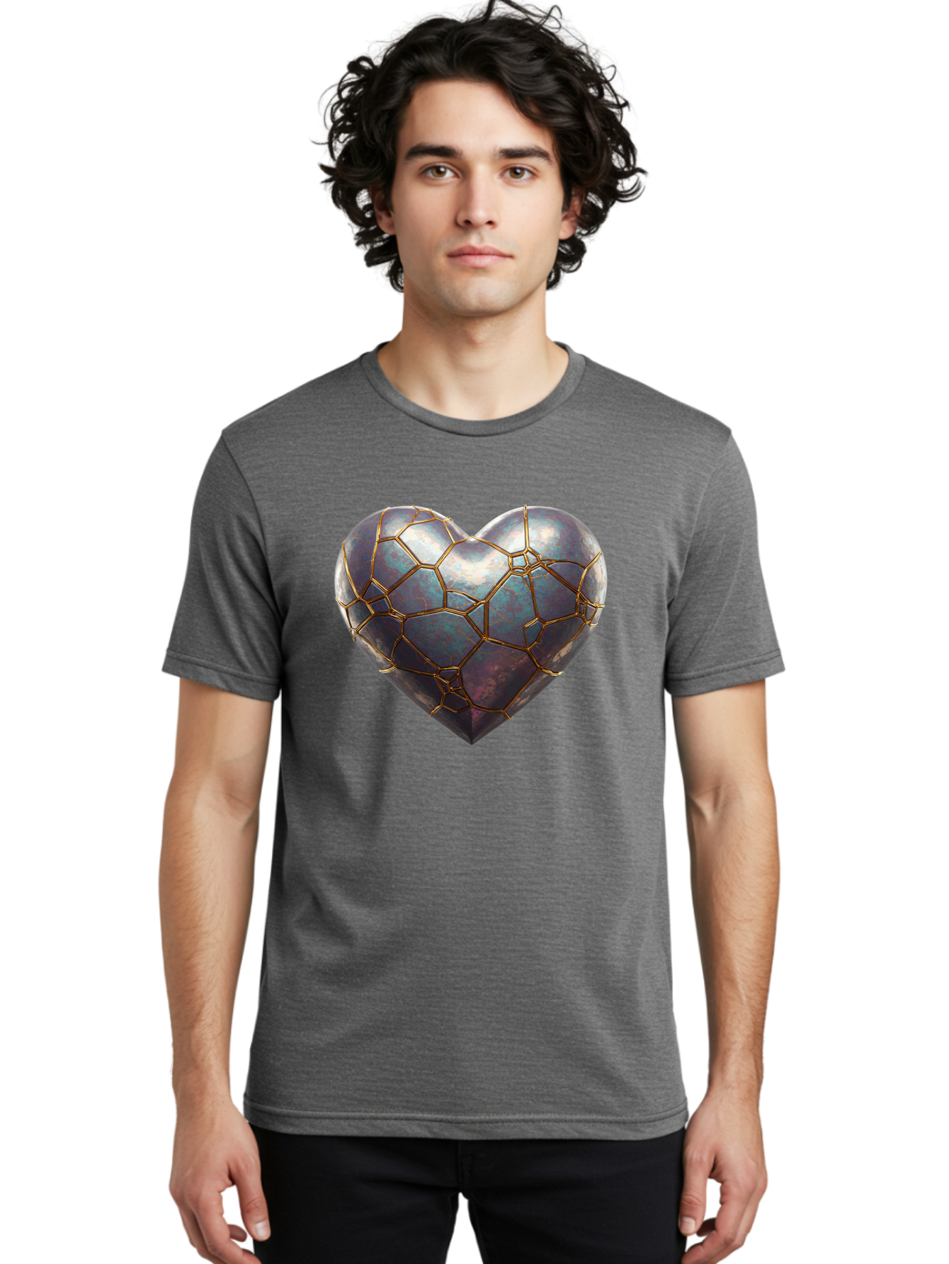 Kintsugi-Heart-3 Men'S Graphic Tee, 100% Cotton, Comfortable Casual Summer Wear, Machine Washable, Kintsugi Art, Broken Heart, Repaired Love, Metallic Heart, Golden Cracks, Fragile Beauty, Symbolic Art, Emotional Healing, Unique Design, Bae058 25