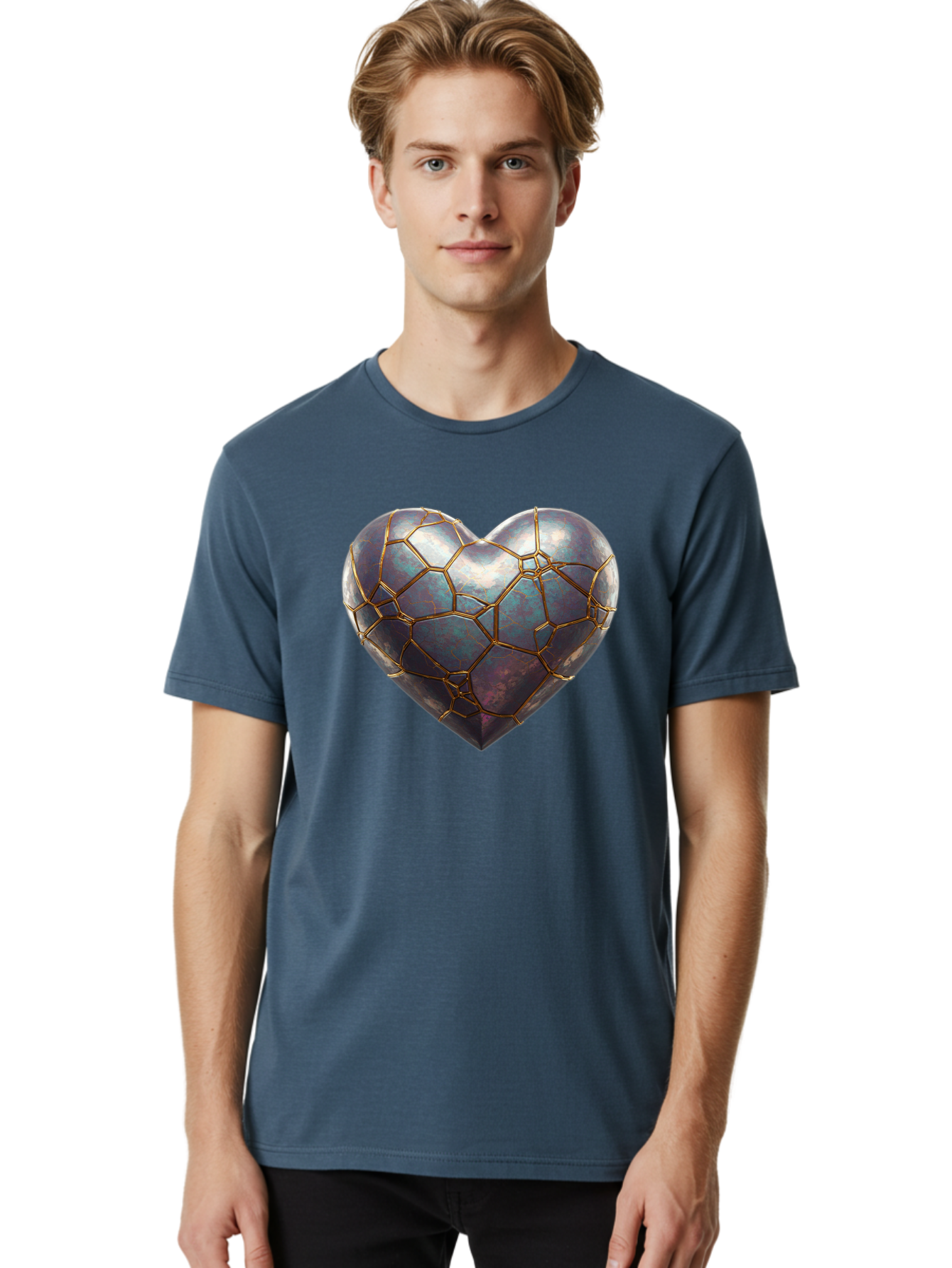 Kintsugi-Heart-3 Men'S Graphic Tee, 100% Cotton, Comfortable Casual Summer Wear, Machine Washable, Kintsugi Art, Broken Heart, Repaired Love, Metallic Heart, Golden Cracks, Fragile Beauty, Symbolic Art, Emotional Healing, Unique Design, Bae058 17