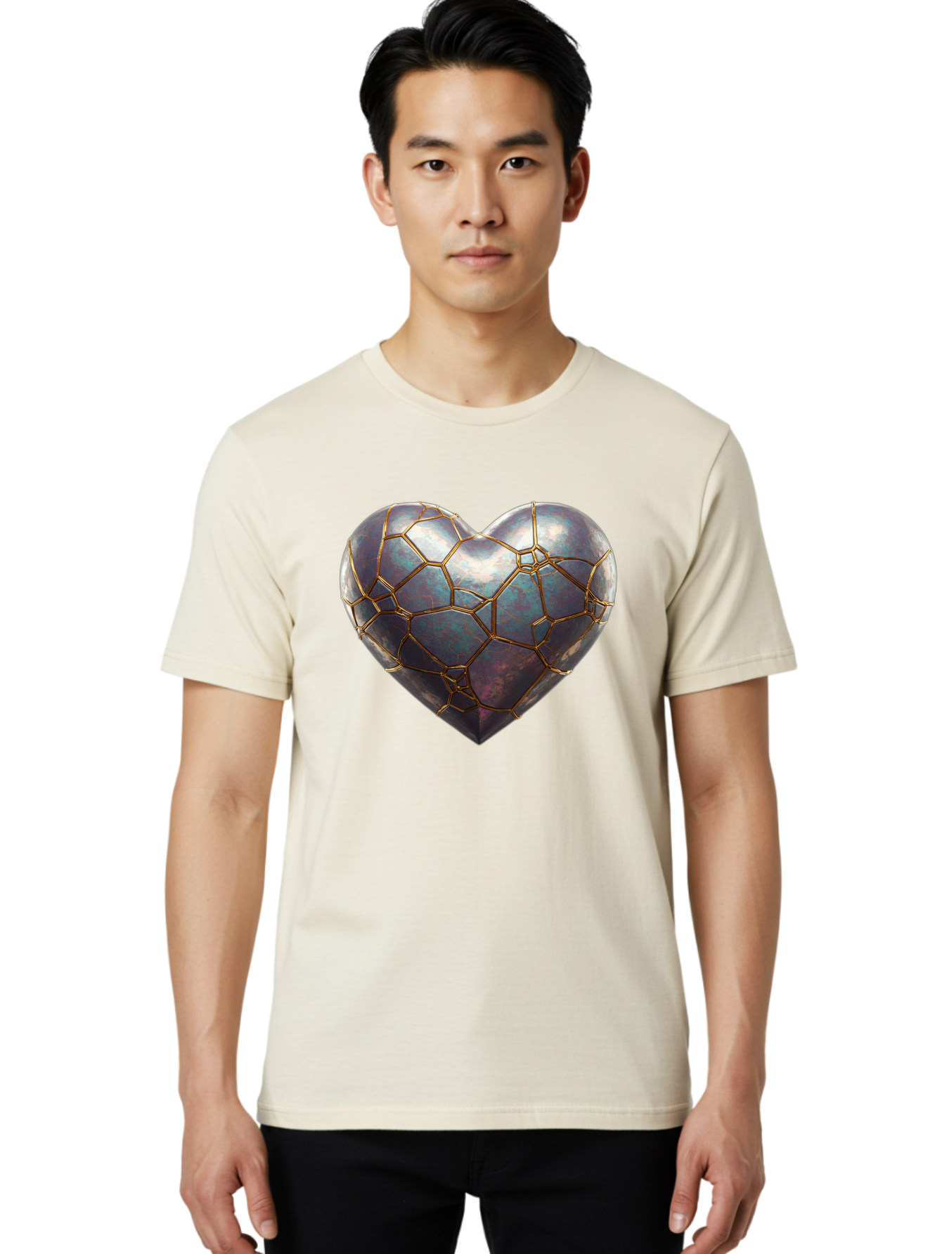 Kintsugi-Heart-3 Men'S Graphic Tee, 100% Cotton, Comfortable Casual Summer Wear, Machine Washable, Kintsugi Art, Broken Heart, Repaired Love, Metallic Heart, Golden Cracks, Fragile Beauty, Symbolic Art, Emotional Healing, Unique Design, Bae058 26