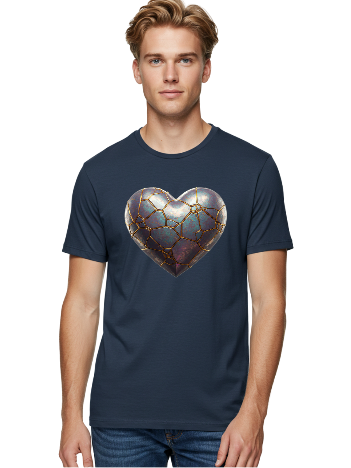 Kintsugi-Heart-3 Men'S Graphic Tee, 100% Cotton, Comfortable Casual Summer Wear, Machine Washable, Kintsugi Art, Broken Heart, Repaired Love, Metallic Heart, Golden Cracks, Fragile Beauty, Symbolic Art, Emotional Healing, Unique Design, Bae058 30