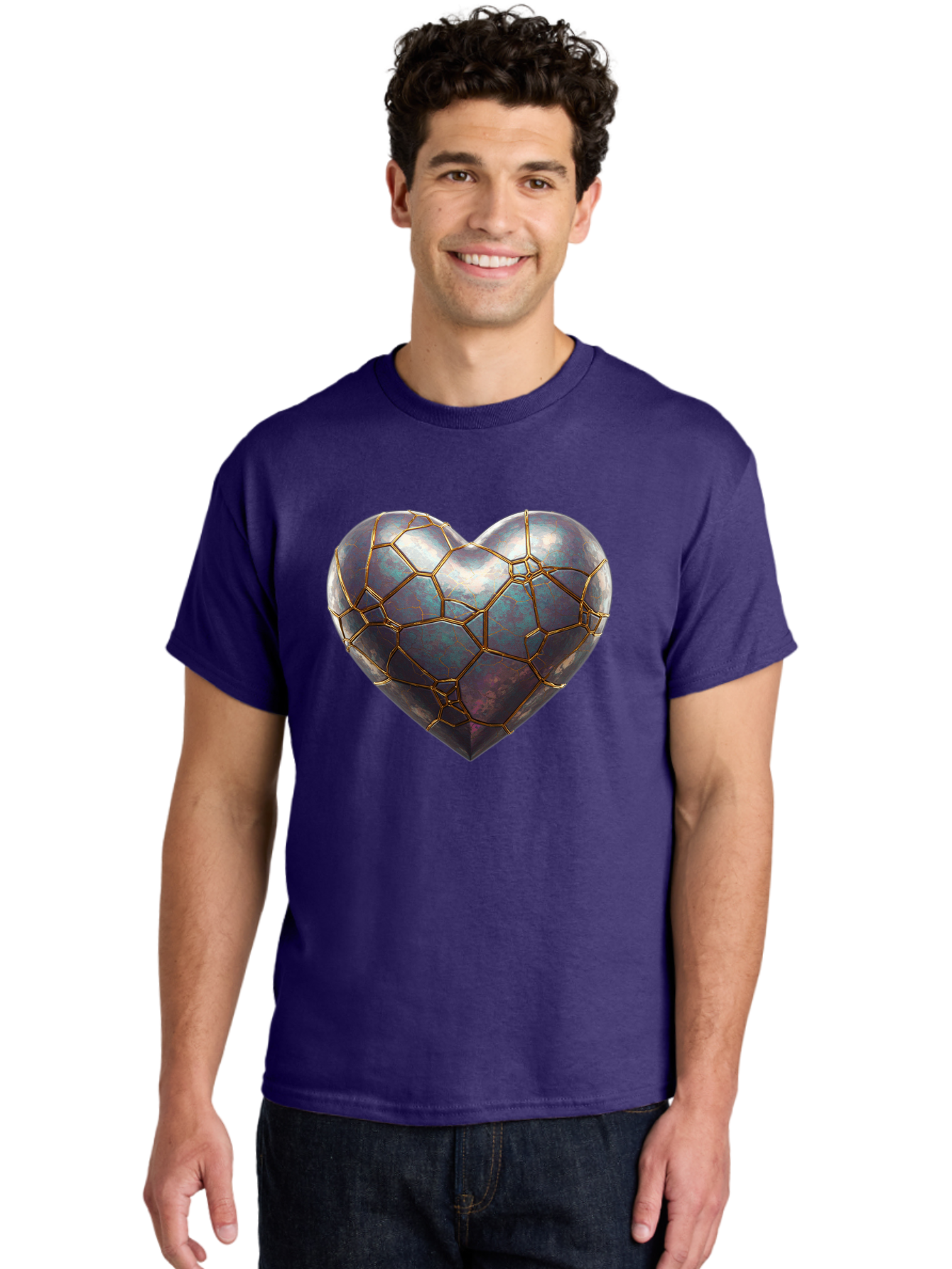 Kintsugi-Heart-3 Men'S Graphic Tee, 100% Cotton, Comfortable Casual Summer Wear, Machine Washable, Kintsugi Art, Broken Heart, Repaired Love, Metallic Heart, Golden Cracks, Fragile Beauty, Symbolic Art, Emotional Healing, Unique Design, Bae058 21