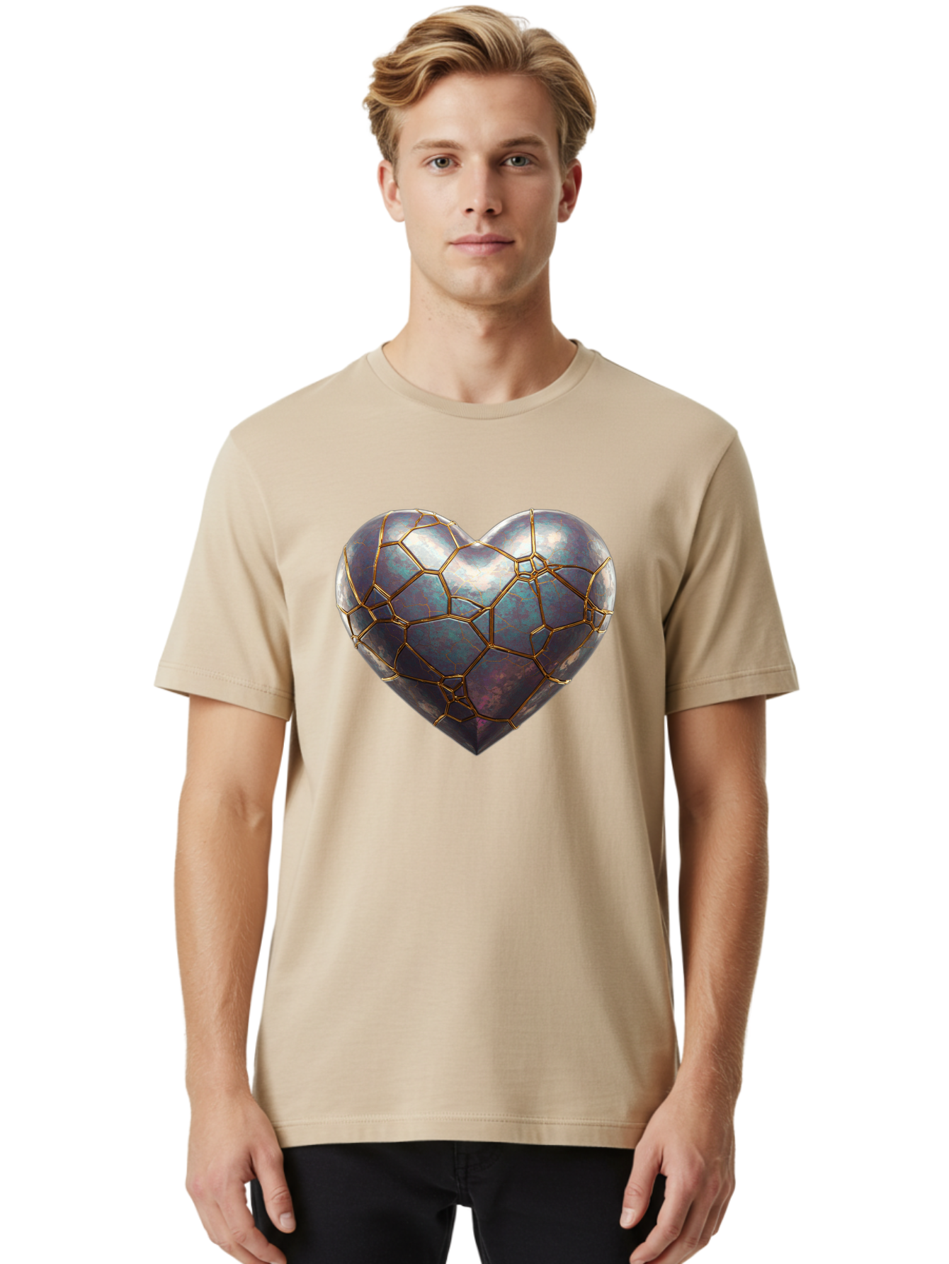 Kintsugi-Heart-3 Men'S Graphic Tee, 100% Cotton, Comfortable Casual Summer Wear, Machine Washable, Kintsugi Art, Broken Heart, Repaired Love, Metallic Heart, Golden Cracks, Fragile Beauty, Symbolic Art, Emotional Healing, Unique Design, Bae058 27