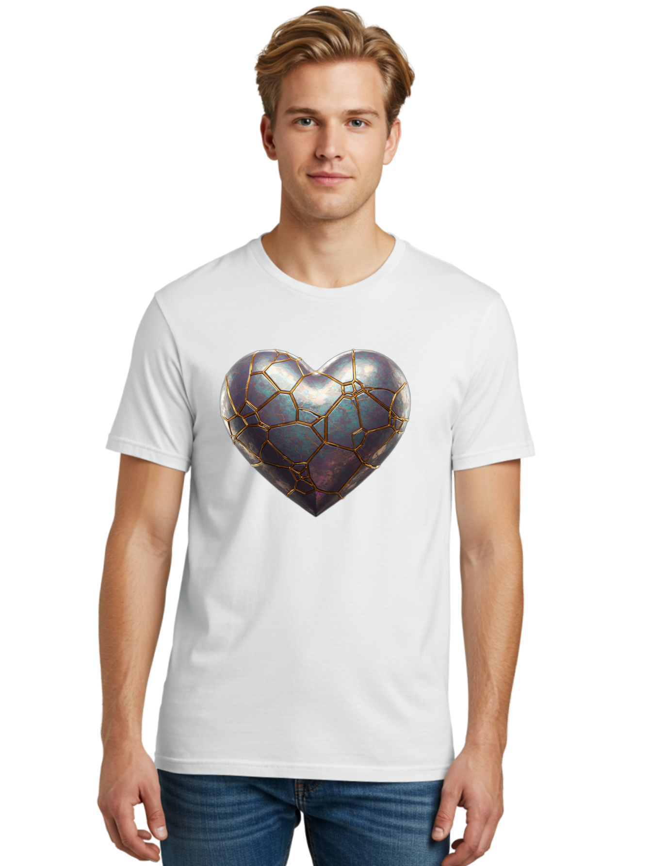 Kintsugi-Heart-3 Men'S Graphic Tee, 100% Cotton, Comfortable Casual Summer Wear, Machine Washable, Kintsugi Art, Broken Heart, Repaired Love, Metallic Heart, Golden Cracks, Fragile Beauty, Symbolic Art, Emotional Healing, Unique Design, Bae058 18