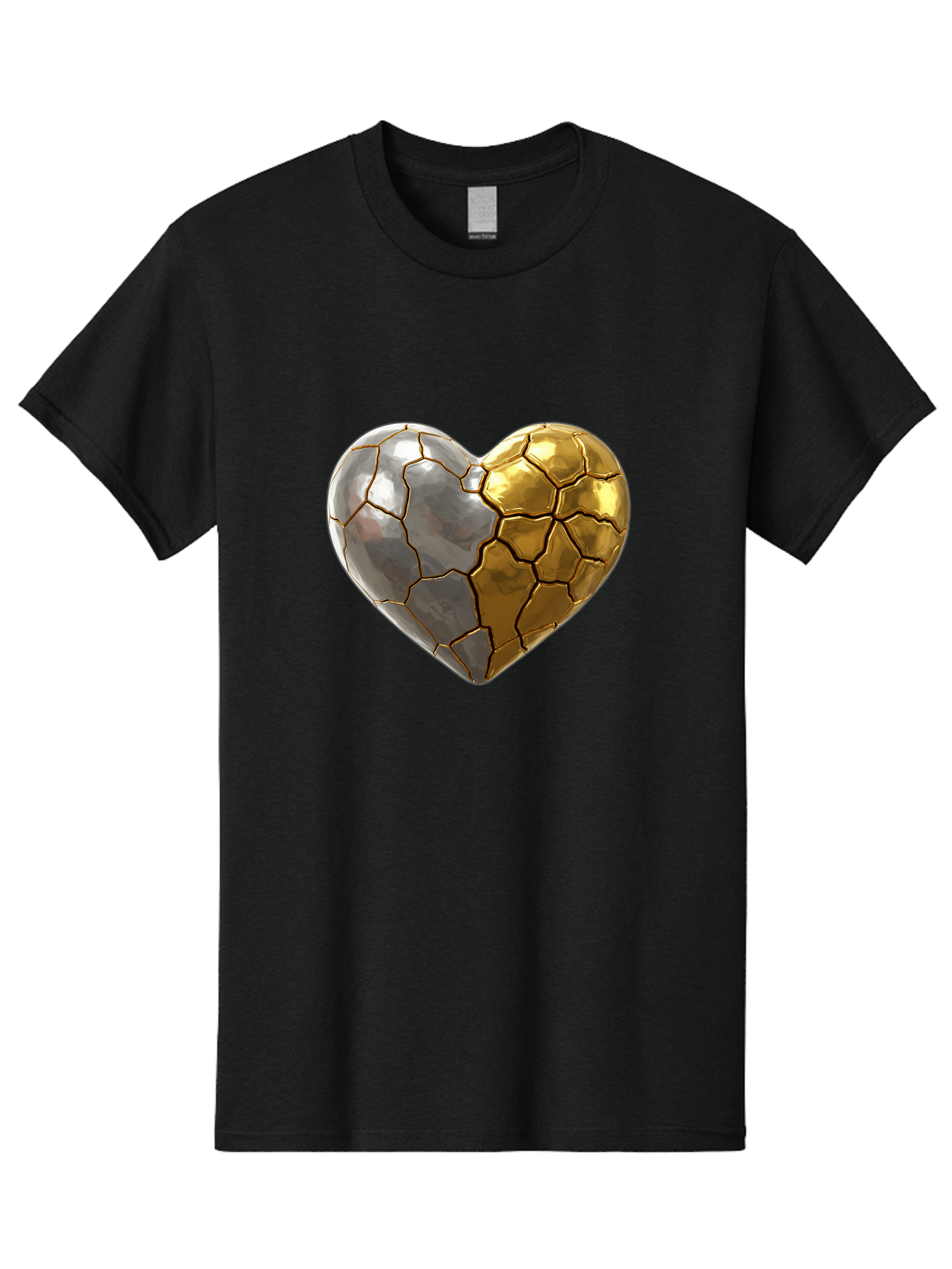 Kintsugi-Heart-5 Men'S Graphic Tee, 100% Cotton, Comfortable Casual Summer Wear, Machine Washable, Heart Shape, Metal Surface, Cracked Texture, Silver And Gold Elements, Kintsugi Effect, Love Symbol, Metallic Design, Broken Heart, Bae060 14