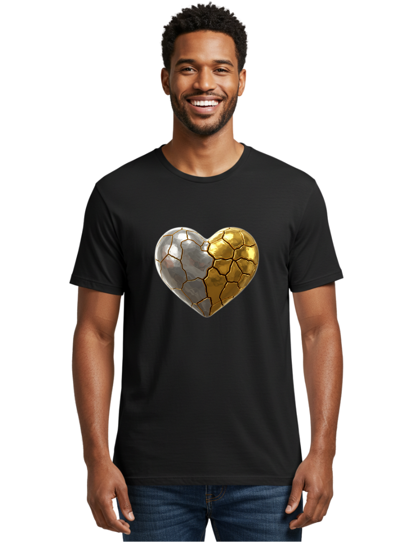 Kintsugi-Heart-5 Men'S Graphic Tee, 100% Cotton, Comfortable Casual Summer Wear, Machine Washable, Heart Shape, Metal Surface, Cracked Texture, Silver And Gold Elements, Kintsugi Effect, Love Symbol, Metallic Design, Broken Heart, Bae060 29