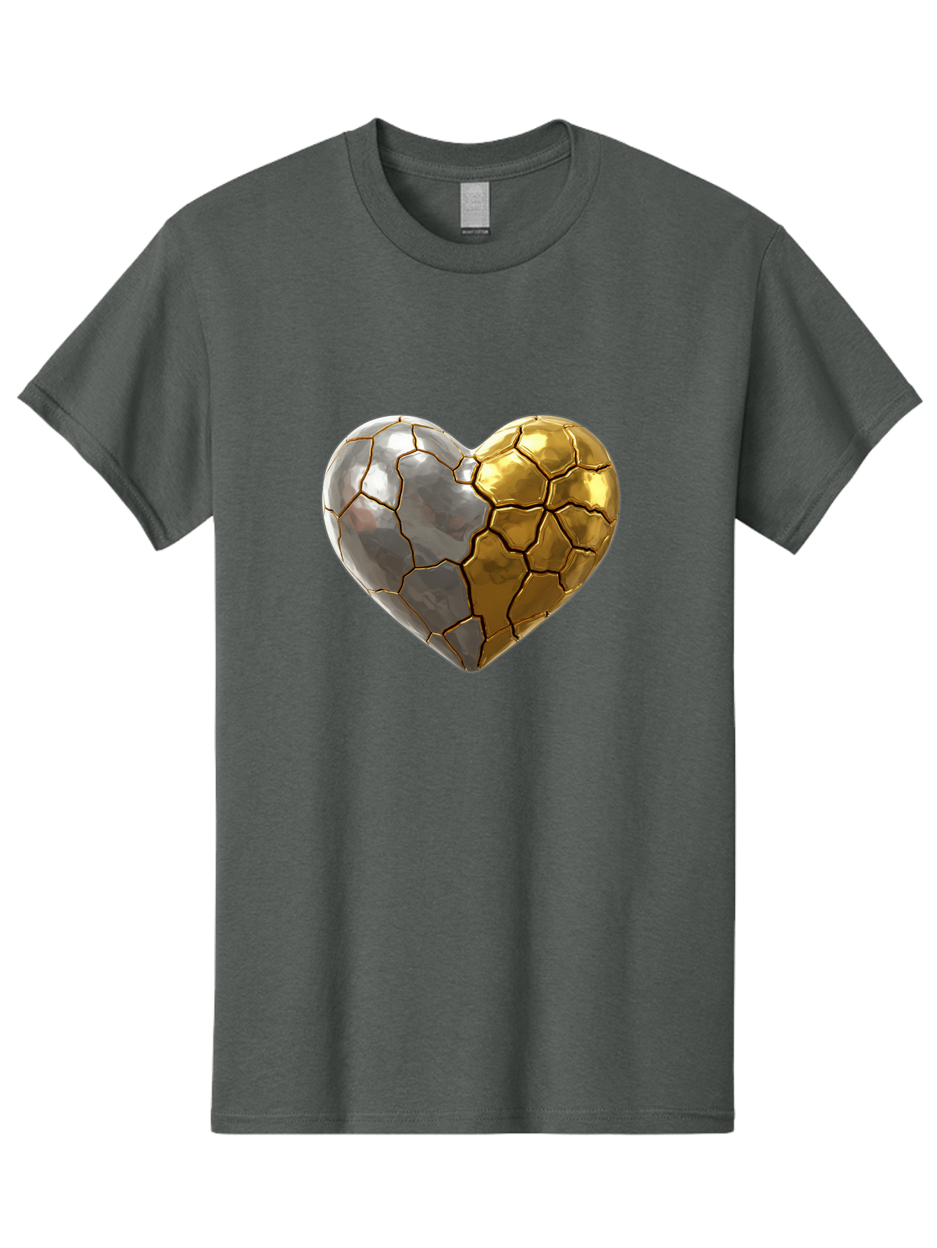 Kintsugi-Heart-5 Men'S Graphic Tee, 100% Cotton, Comfortable Casual Summer Wear, Machine Washable, Heart Shape, Metal Surface, Cracked Texture, Silver And Gold Elements, Kintsugi Effect, Love Symbol, Metallic Design, Broken Heart, Bae060 3