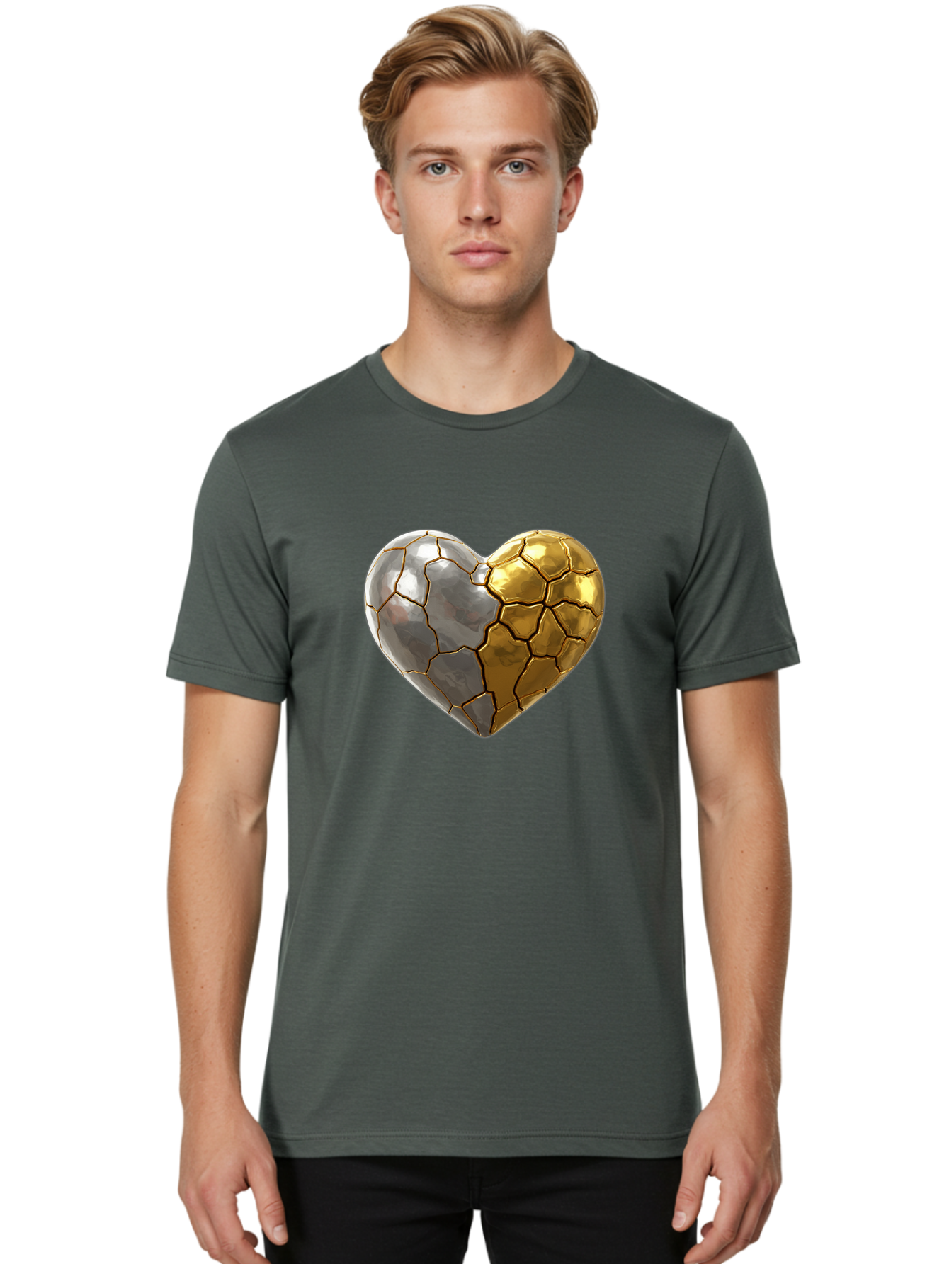 Kintsugi-Heart-5 Men'S Graphic Tee, 100% Cotton, Comfortable Casual Summer Wear, Machine Washable, Heart Shape, Metal Surface, Cracked Texture, Silver And Gold Elements, Kintsugi Effect, Love Symbol, Metallic Design, Broken Heart, Bae060 18