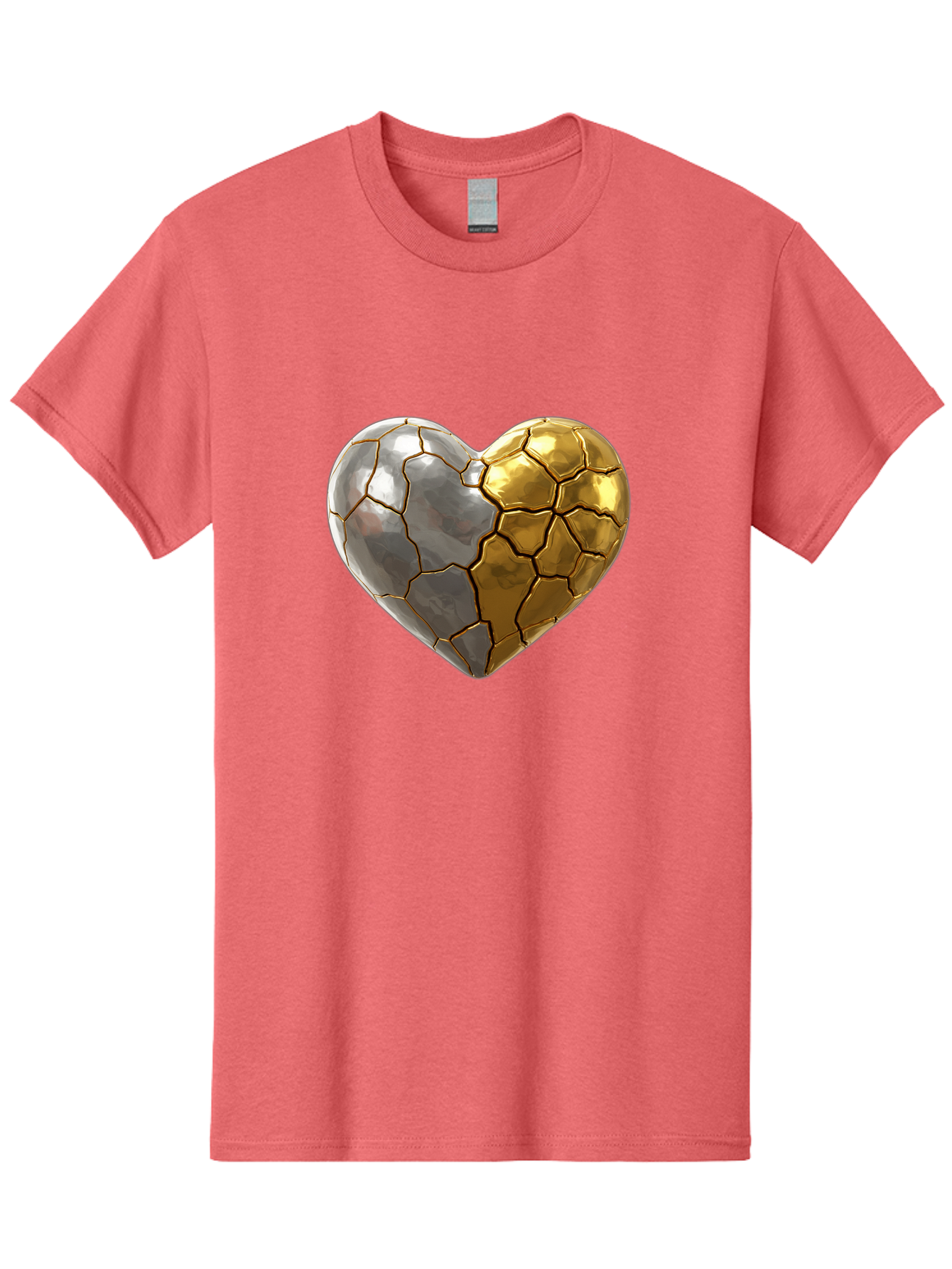 Kintsugi-Heart-5 Men'S Graphic Tee, 100% Cotton, Comfortable Casual Summer Wear, Machine Washable, Heart Shape, Metal Surface, Cracked Texture, Silver And Gold Elements, Kintsugi Effect, Love Symbol, Metallic Design, Broken Heart, Bae060 4