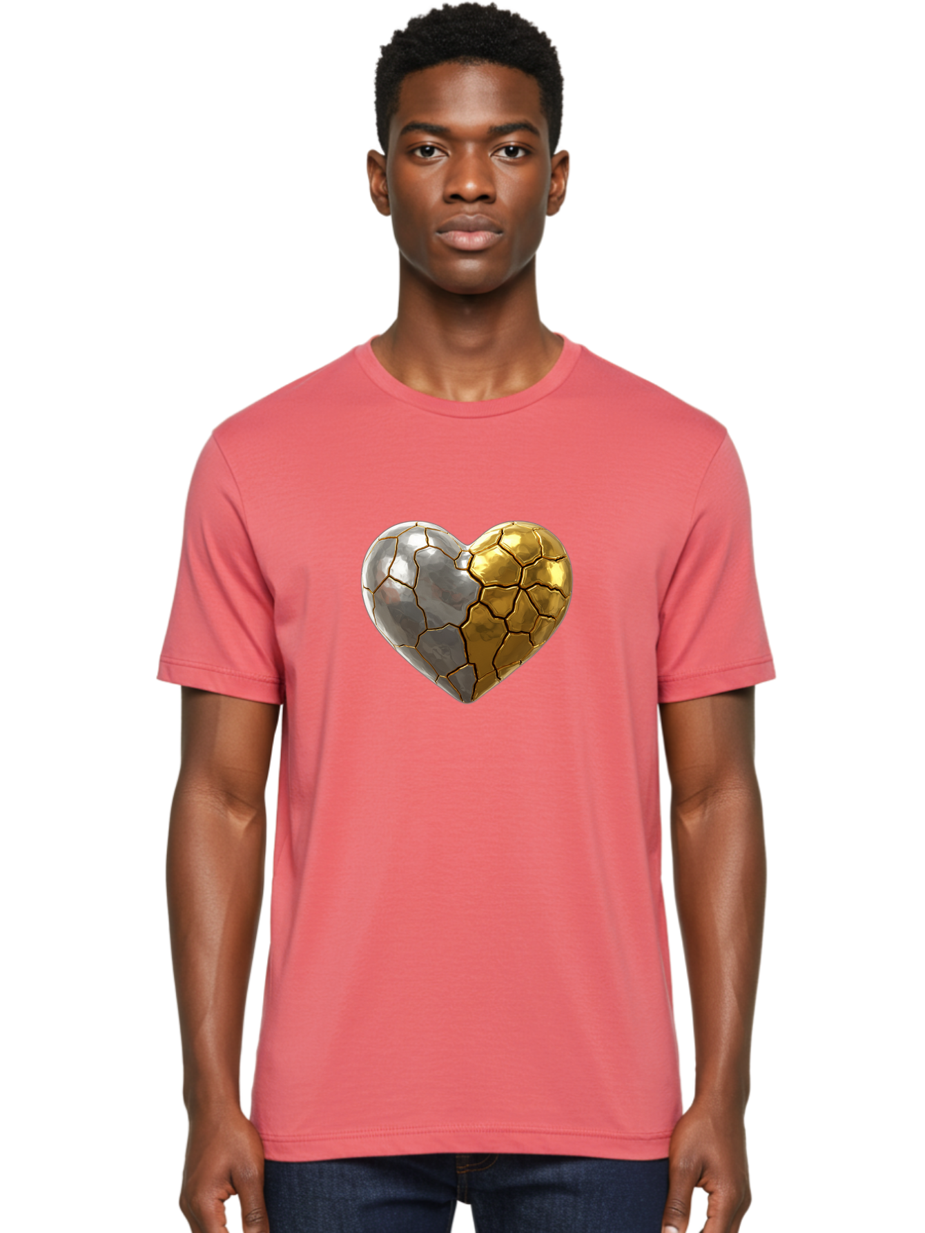 Kintsugi-Heart-5 Men'S Graphic Tee, 100% Cotton, Comfortable Casual Summer Wear, Machine Washable, Heart Shape, Metal Surface, Cracked Texture, Silver And Gold Elements, Kintsugi Effect, Love Symbol, Metallic Design, Broken Heart, Bae060 19