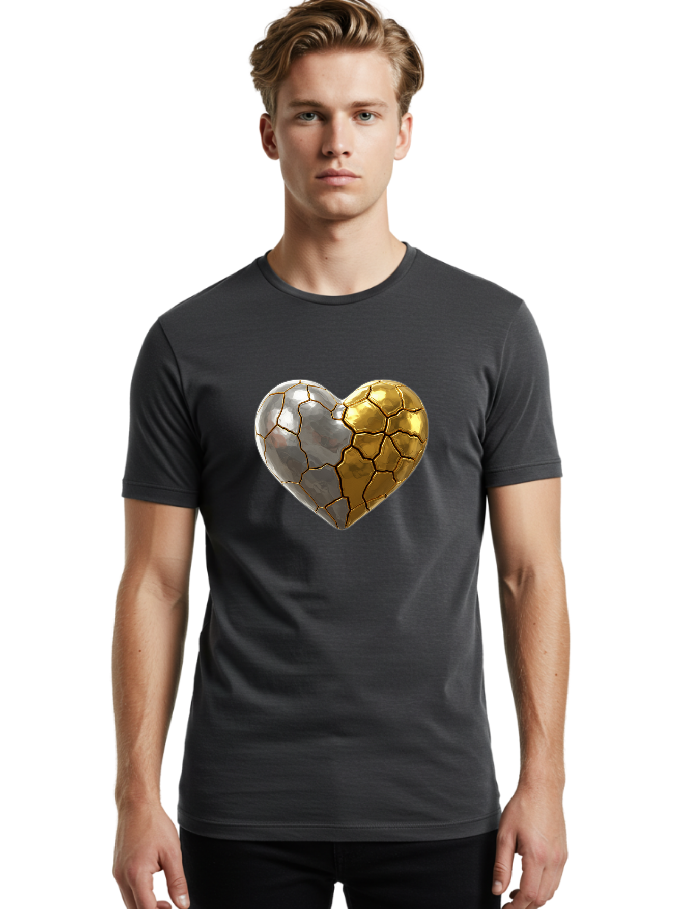 Kintsugi-Heart-5 Men'S Graphic Tee, 100% Cotton, Comfortable Casual Summer Wear, Machine Washable, Heart Shape, Metal Surface, Cracked Texture, Silver And Gold Elements, Kintsugi Effect, Love Symbol, Metallic Design, Broken Heart, Bae060 27