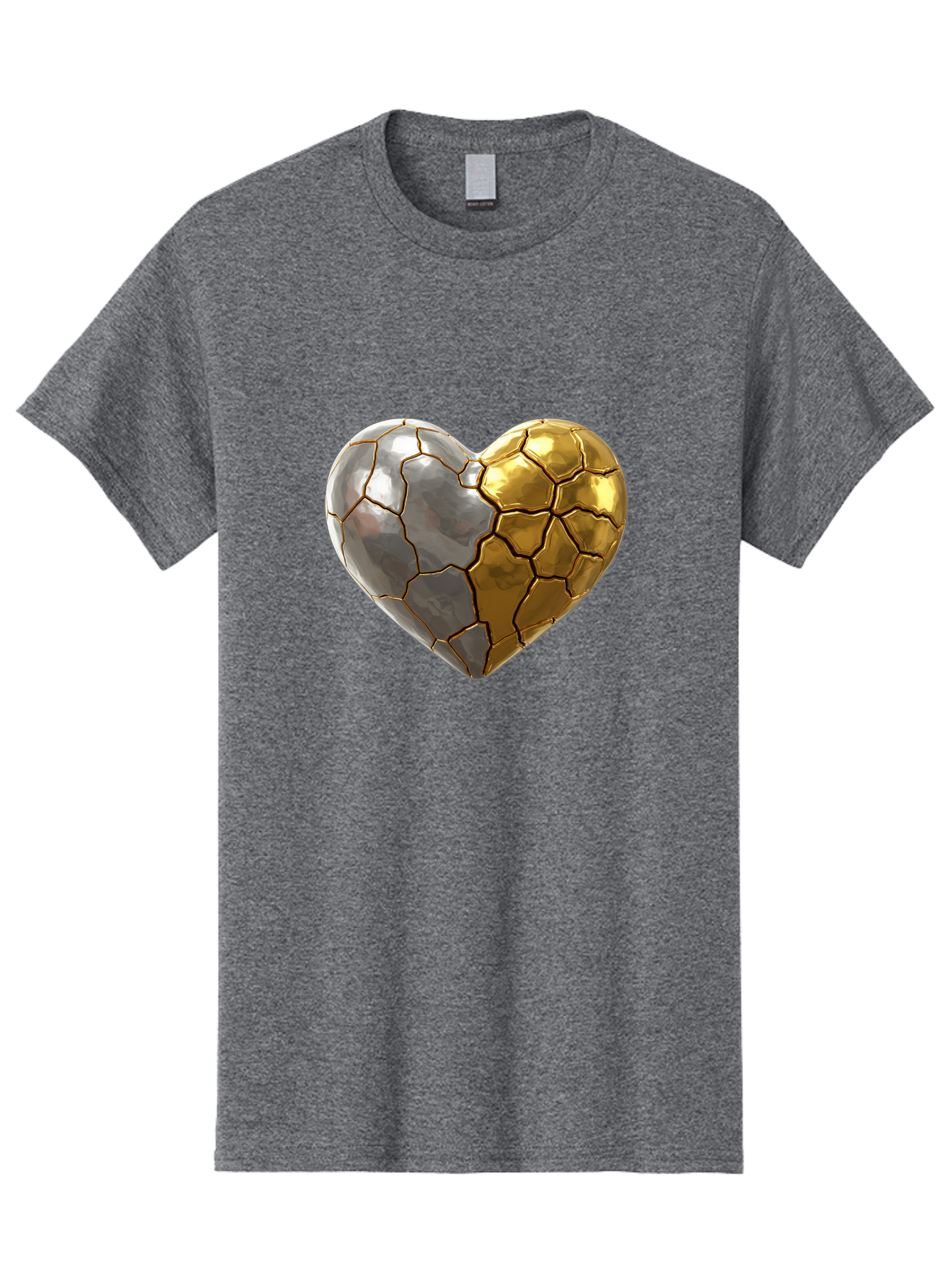 Kintsugi-Heart-5 Men'S Graphic Tee, 100% Cotton, Comfortable Casual Summer Wear, Machine Washable, Heart Shape, Metal Surface, Cracked Texture, Silver And Gold Elements, Kintsugi Effect, Love Symbol, Metallic Design, Broken Heart, Bae060 2