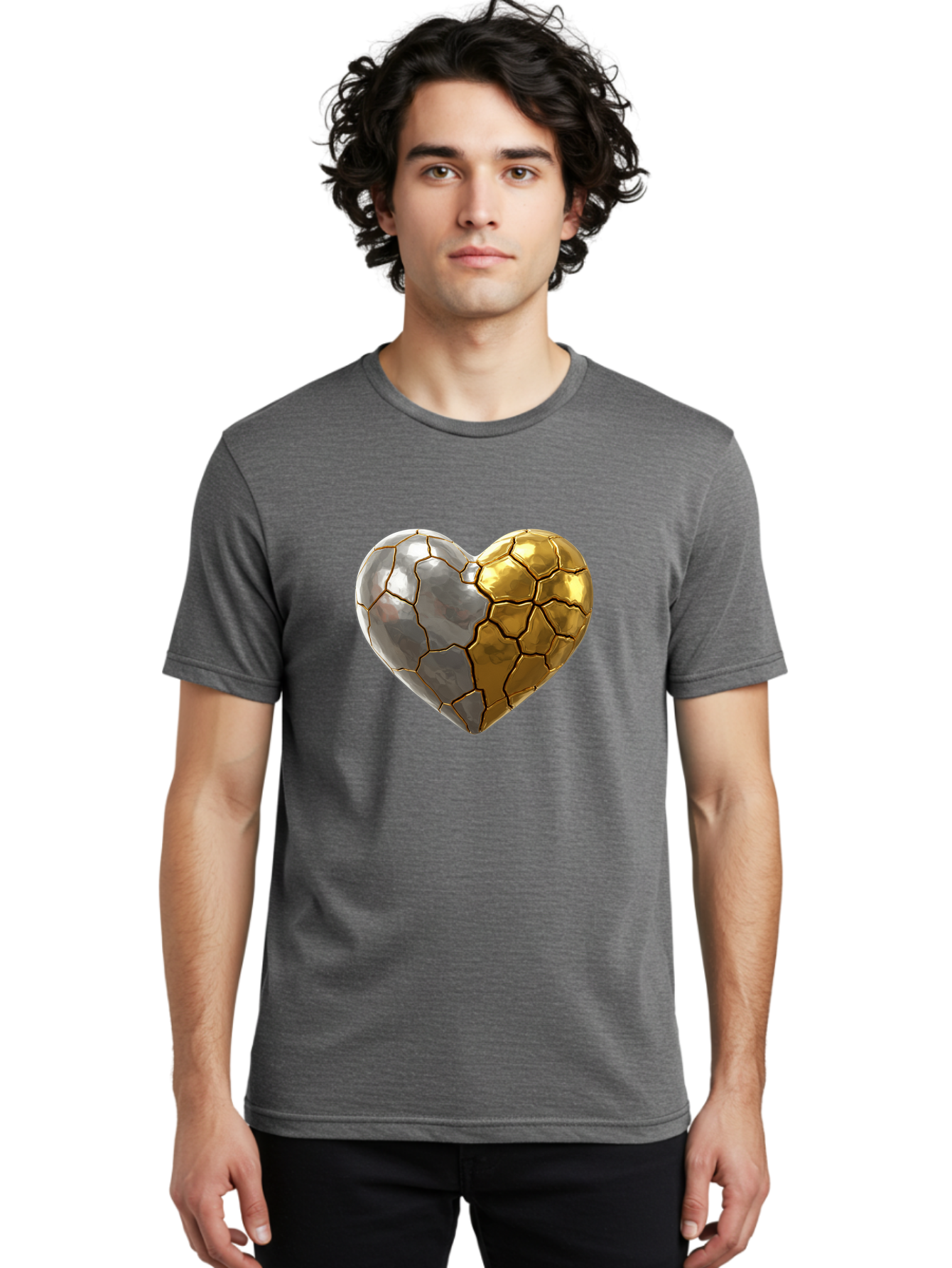 Kintsugi-Heart-5 Men'S Graphic Tee, 100% Cotton, Comfortable Casual Summer Wear, Machine Washable, Heart Shape, Metal Surface, Cracked Texture, Silver And Gold Elements, Kintsugi Effect, Love Symbol, Metallic Design, Broken Heart, Bae060 17