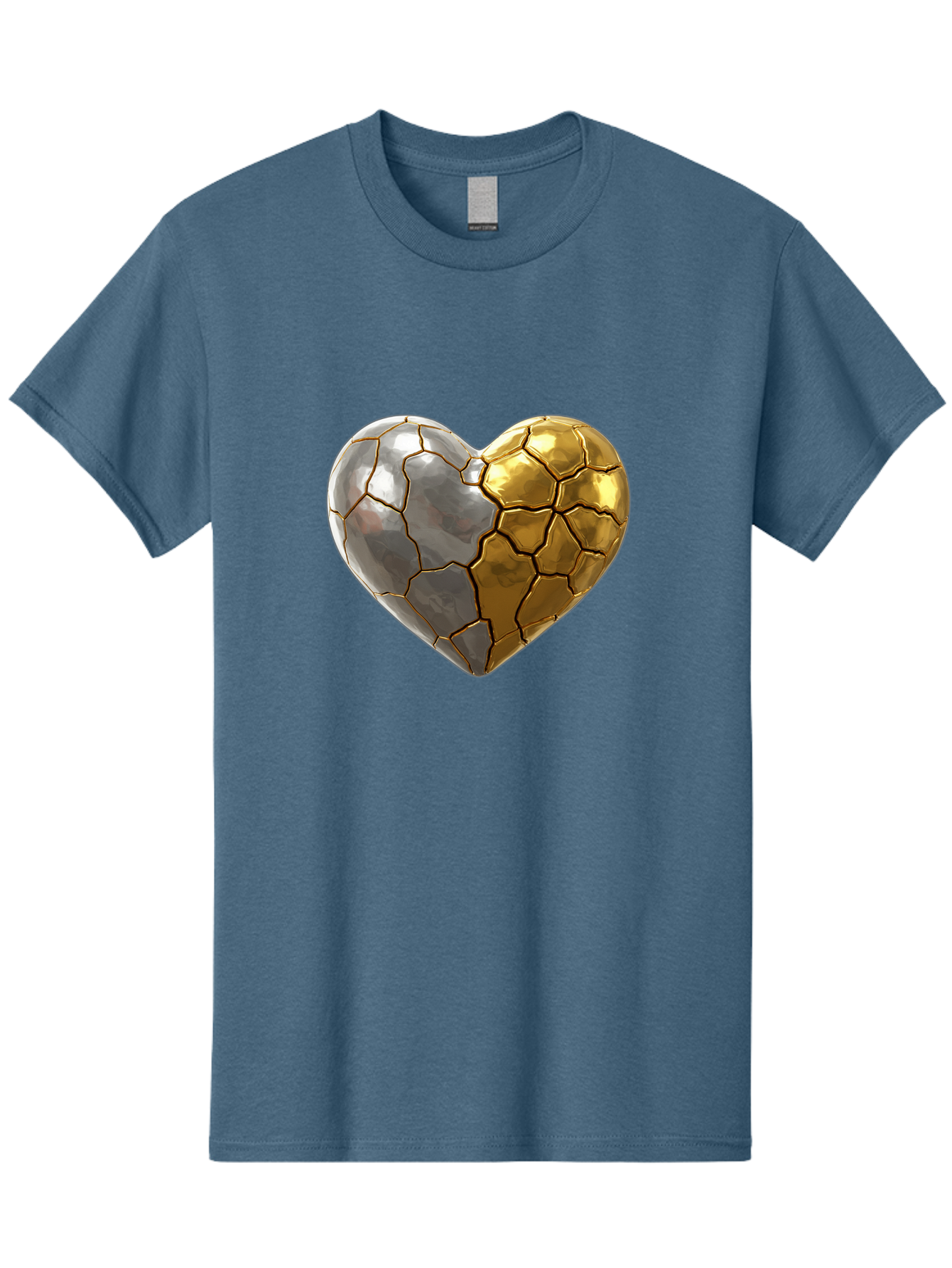 Kintsugi-Heart-5 Men'S Graphic Tee, 100% Cotton, Comfortable Casual Summer Wear, Machine Washable, Heart Shape, Metal Surface, Cracked Texture, Silver And Gold Elements, Kintsugi Effect, Love Symbol, Metallic Design, Broken Heart, Bae060 1