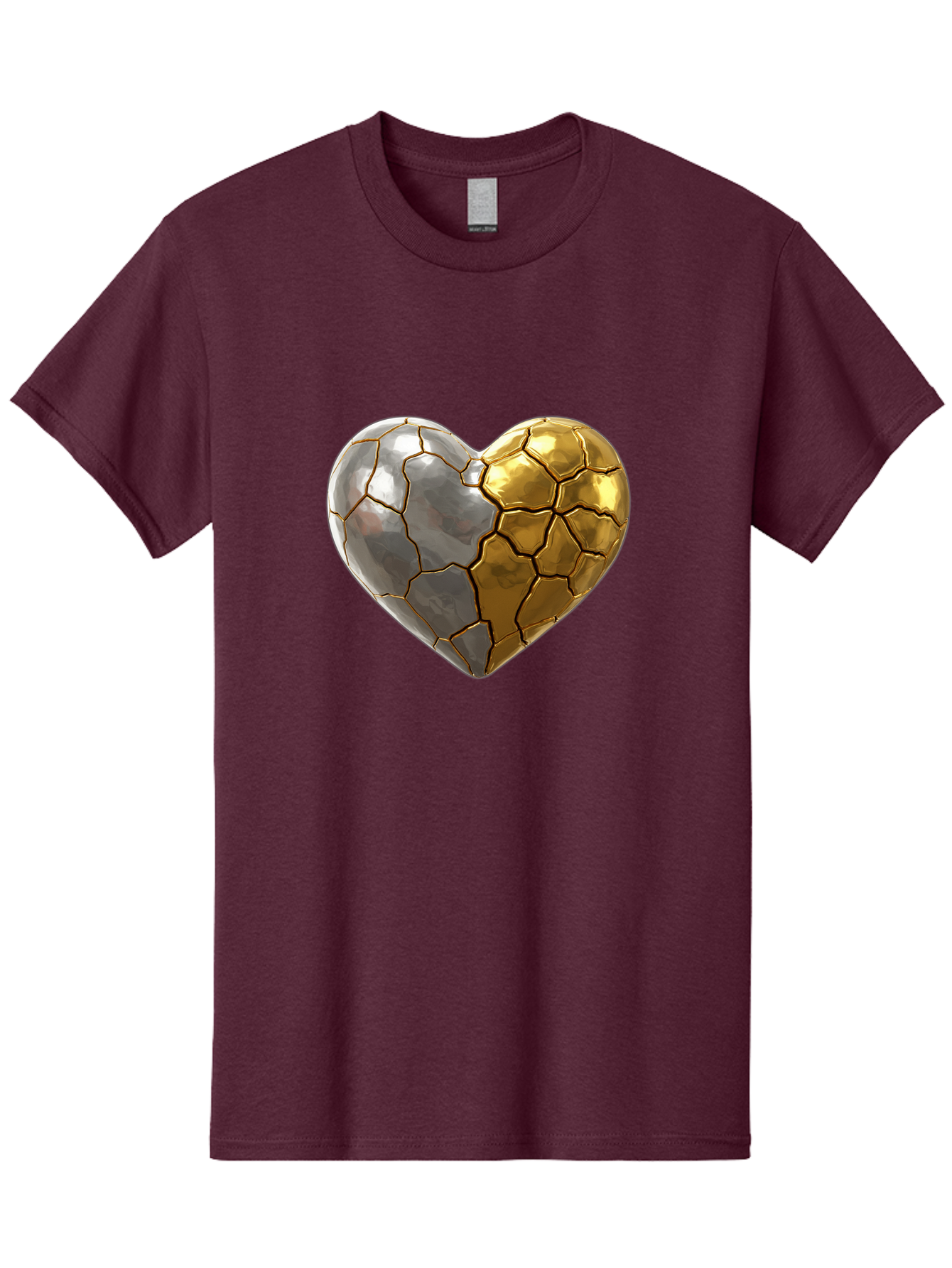 Kintsugi-Heart-5 Men'S Graphic Tee, 100% Cotton, Comfortable Casual Summer Wear, Machine Washable, Heart Shape, Metal Surface, Cracked Texture, Silver And Gold Elements, Kintsugi Effect, Love Symbol, Metallic Design, Broken Heart, Bae060 15