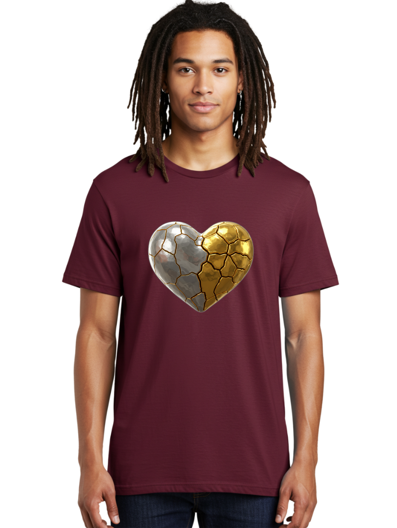 Kintsugi-Heart-5 Men'S Graphic Tee, 100% Cotton, Comfortable Casual Summer Wear, Machine Washable, Heart Shape, Metal Surface, Cracked Texture, Silver And Gold Elements, Kintsugi Effect, Love Symbol, Metallic Design, Broken Heart, Bae060 30