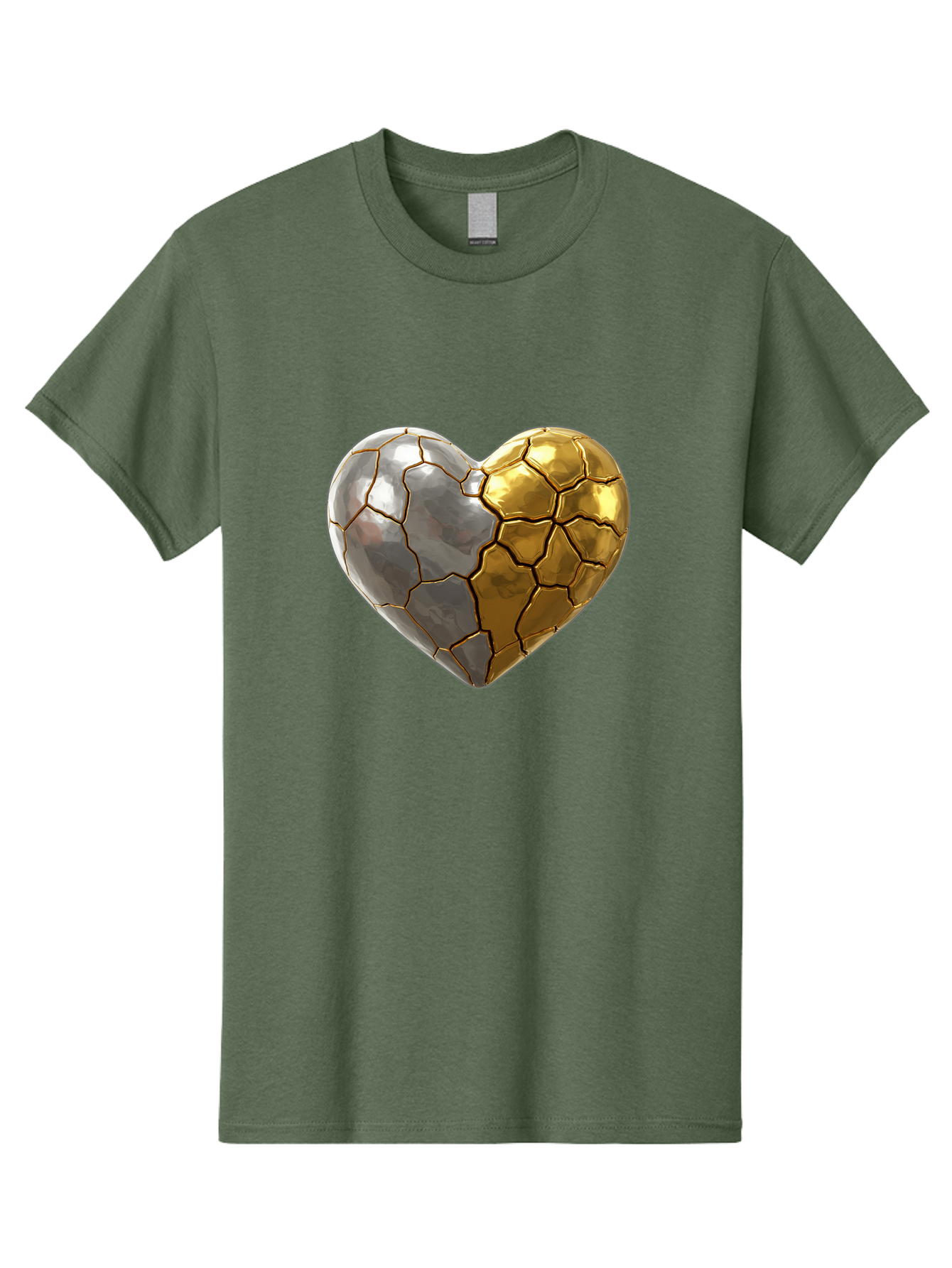 Kintsugi-Heart-5 Men'S Graphic Tee, 100% Cotton, Comfortable Casual Summer Wear, Machine Washable, Heart Shape, Metal Surface, Cracked Texture, Silver And Gold Elements, Kintsugi Effect, Love Symbol, Metallic Design, Broken Heart, Bae060 11