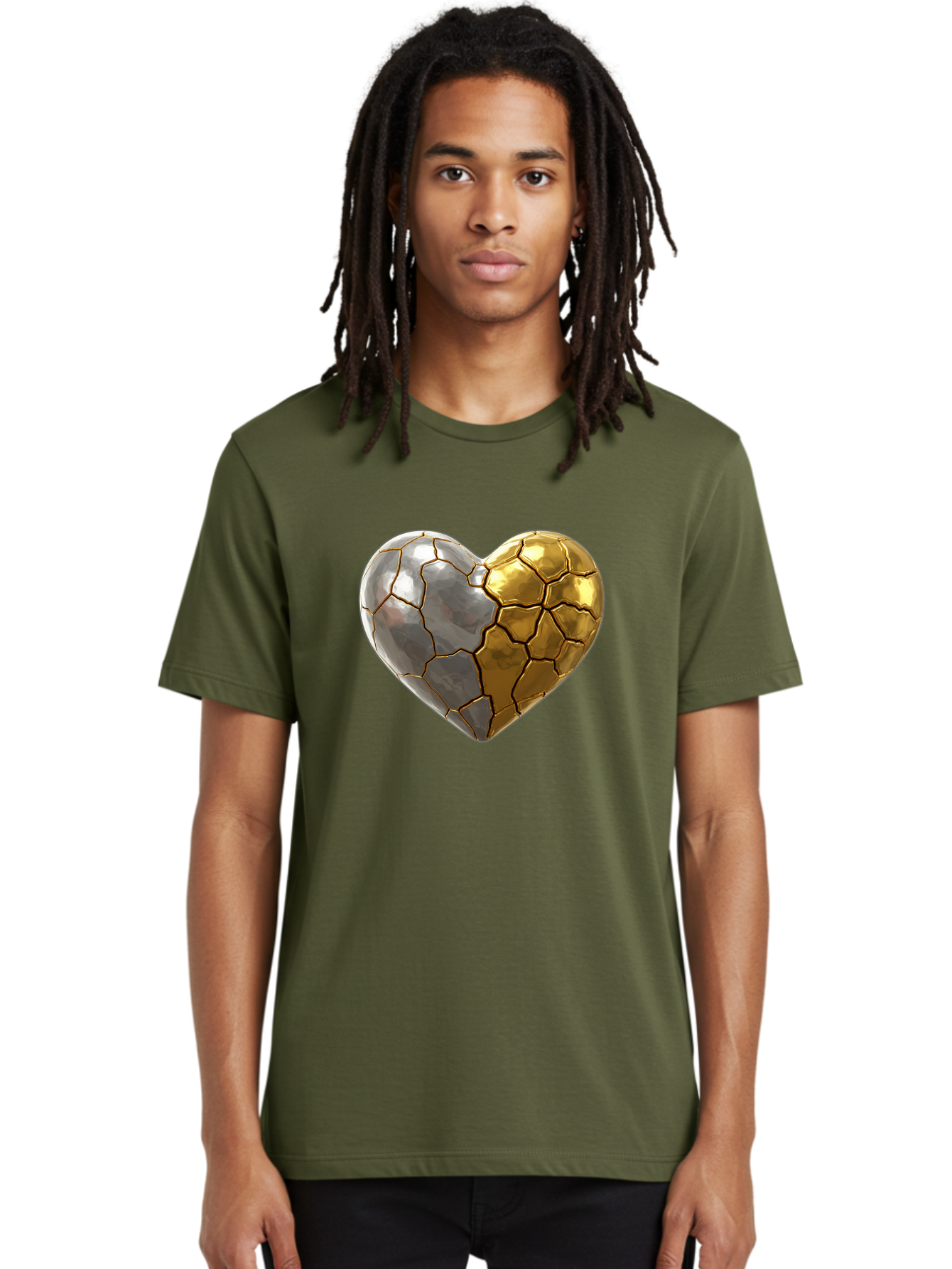 Kintsugi-Heart-5 Men'S Graphic Tee, 100% Cotton, Comfortable Casual Summer Wear, Machine Washable, Heart Shape, Metal Surface, Cracked Texture, Silver And Gold Elements, Kintsugi Effect, Love Symbol, Metallic Design, Broken Heart, Bae060 26