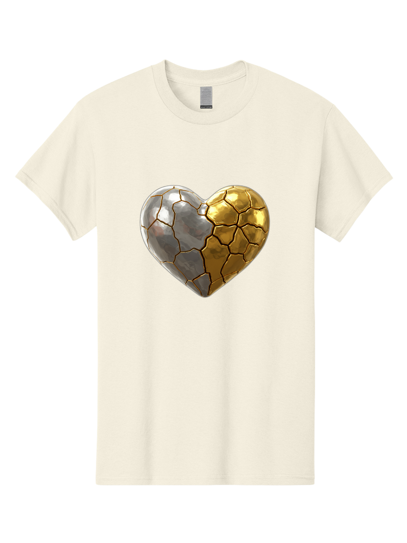 Kintsugi-Heart-5 Men'S Graphic Tee, 100% Cotton, Comfortable Casual Summer Wear, Machine Washable, Heart Shape, Metal Surface, Cracked Texture, Silver And Gold Elements, Kintsugi Effect, Love Symbol, Metallic Design, Broken Heart, Bae060 9