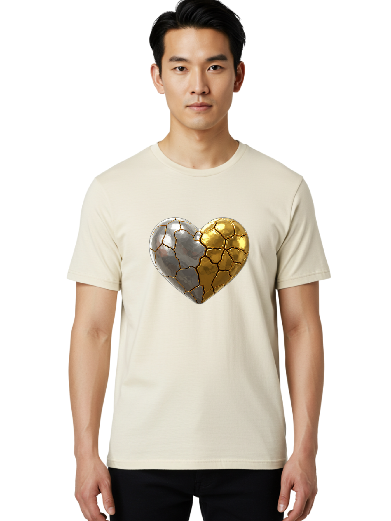 Kintsugi-Heart-5 Men'S Graphic Tee, 100% Cotton, Comfortable Casual Summer Wear, Machine Washable, Heart Shape, Metal Surface, Cracked Texture, Silver And Gold Elements, Kintsugi Effect, Love Symbol, Metallic Design, Broken Heart, Bae060 24